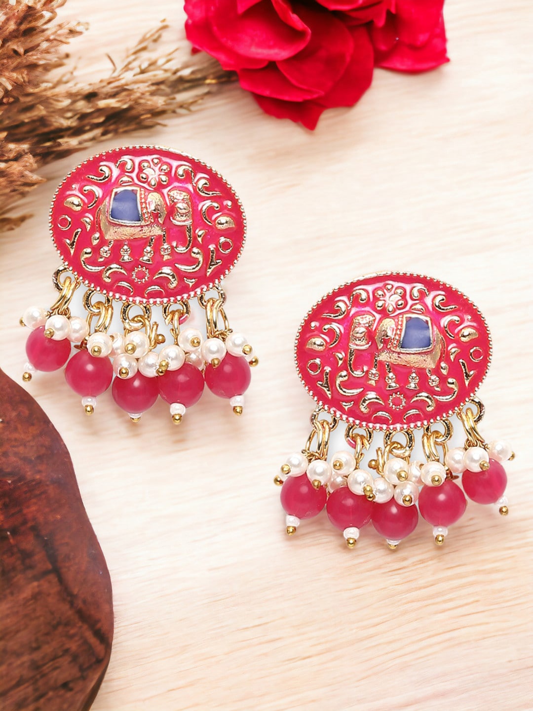 

OOMPH Artificial Beads Meenakari Drop Earrings, Gold