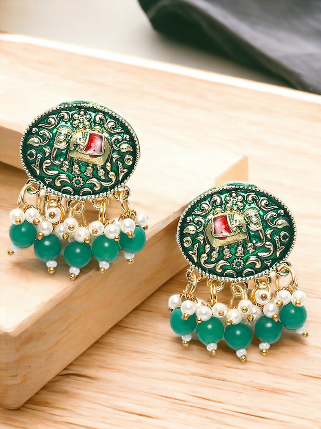 

OOMPH Stone Studded & Beaded Meenakari Drop Earrings, Gold