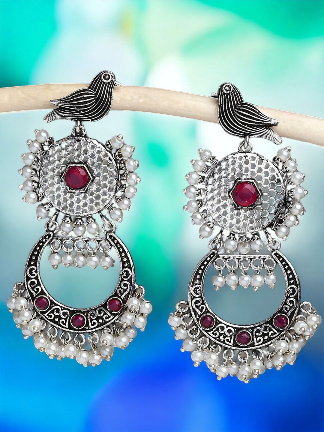 

Sangria Silver-Toned Stones Studded & Beaded Drop Earrings