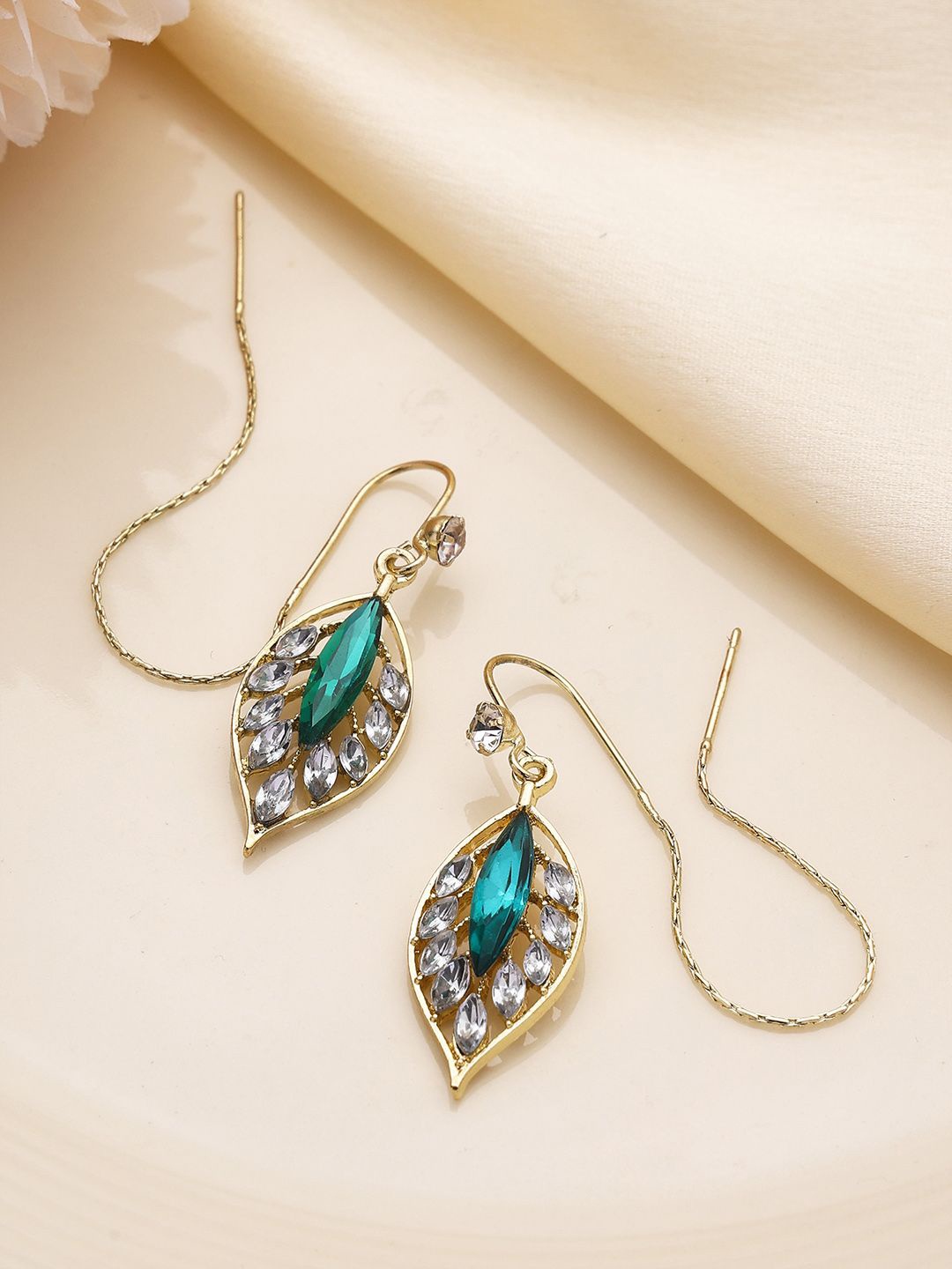 

PRITA Gold Plated Stone Studded Leaf Shaped Drop Earrings