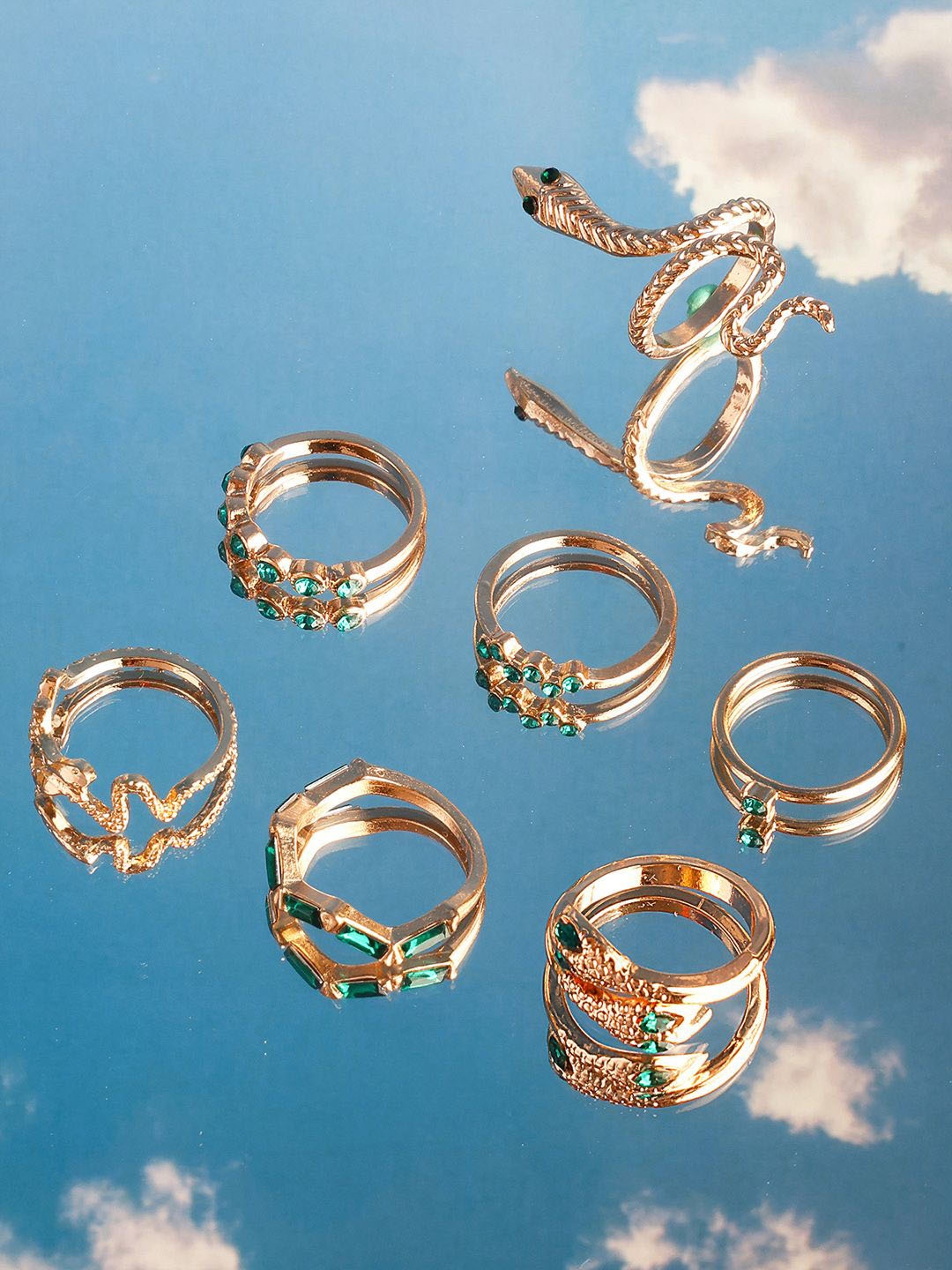 

PRITA Set Of 7 Gold Plated Artificial Stones Finger Rings