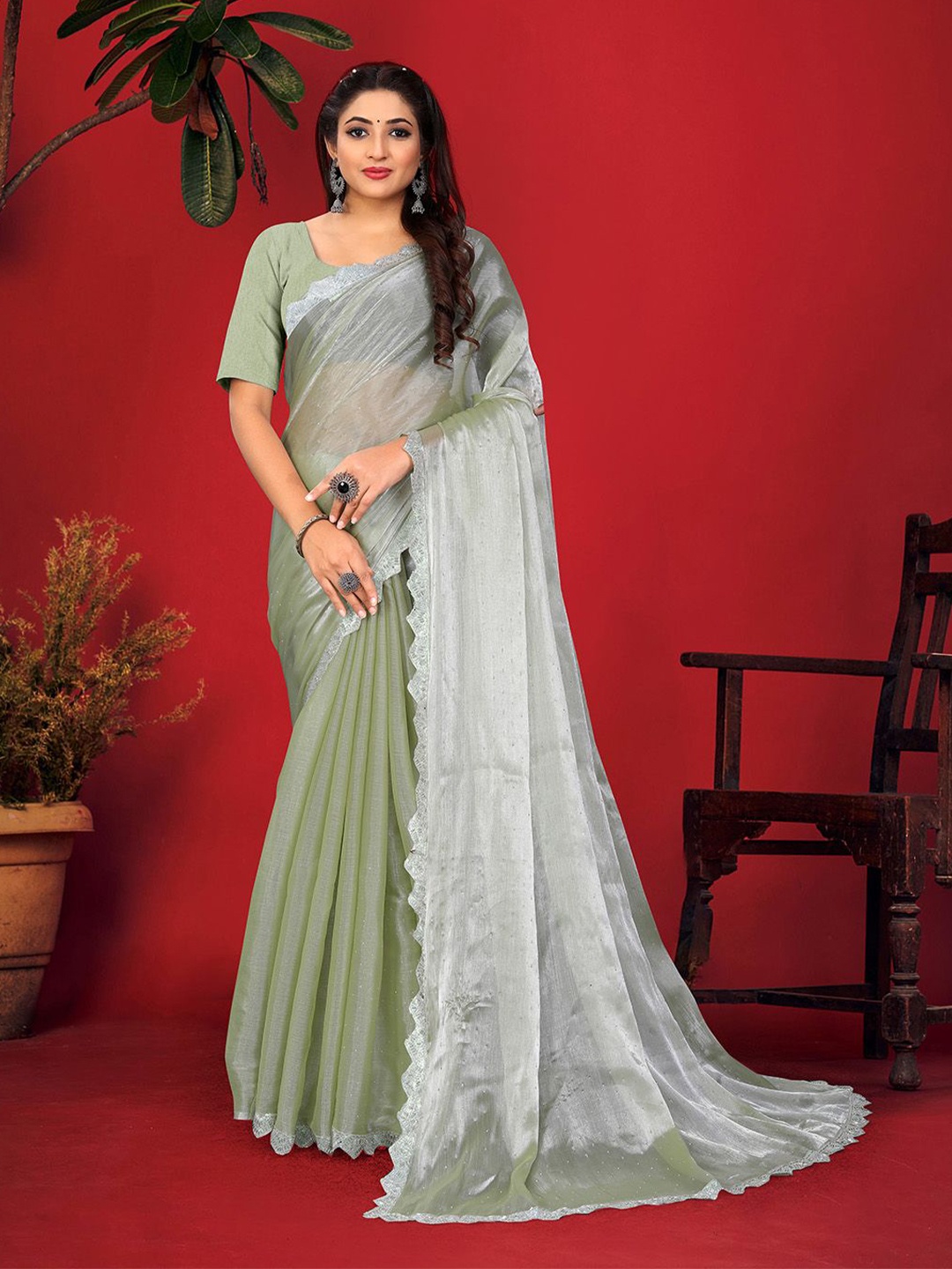 

Pionex Embellished Beads and Stones Organza Kota Saree, Green