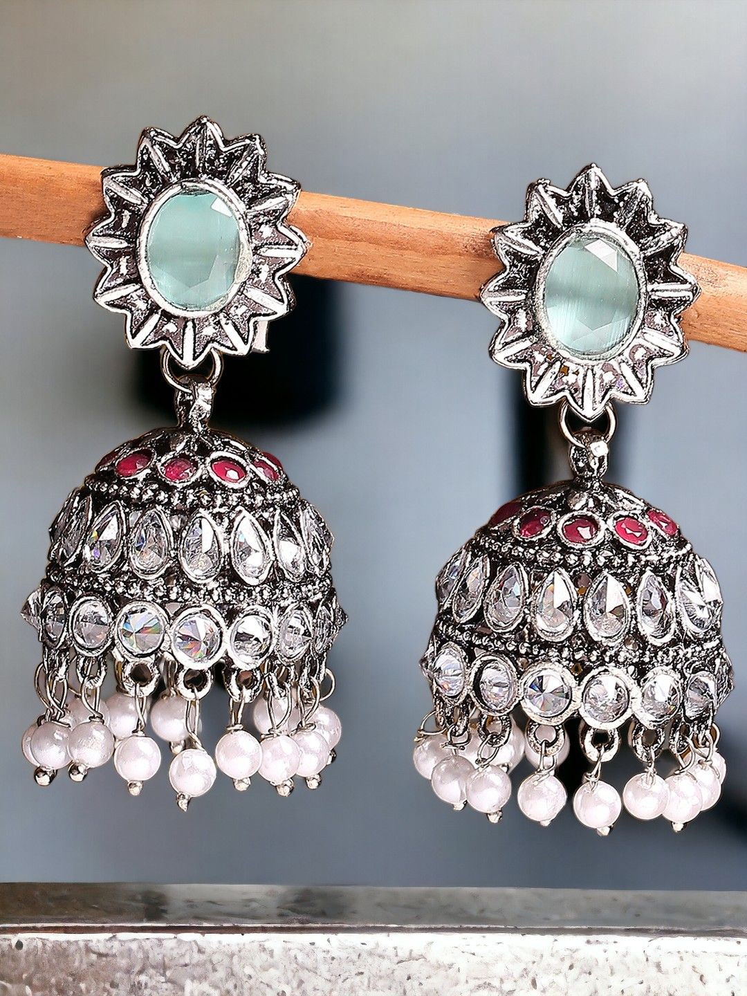 

Anouk Silver-Toned Kundan-Studded & Beaded Floral Oxidised Jhumkas