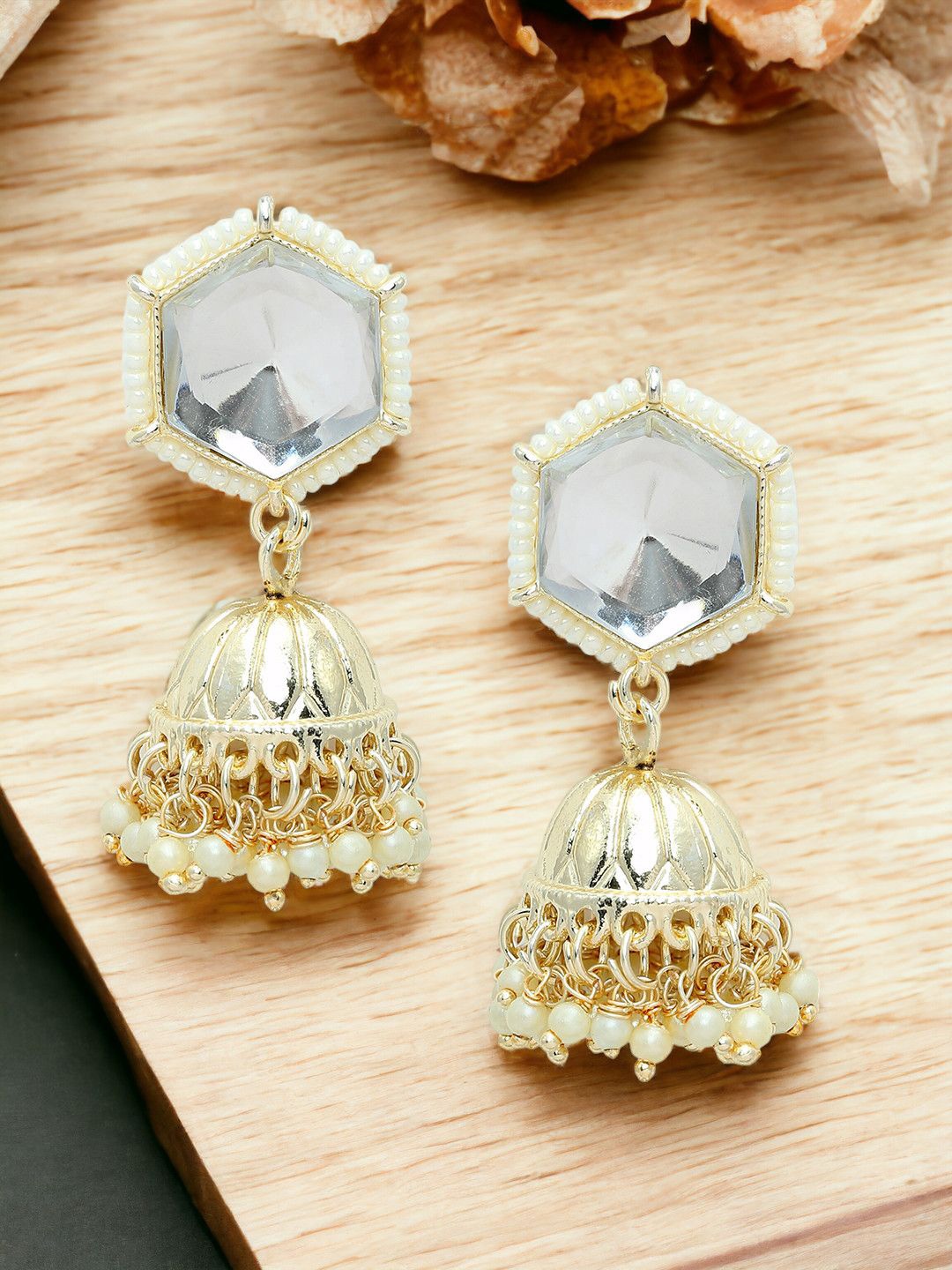 

Anouk Gold-Toned Kundan Studded & Beaded Dome Shaped Jhumkas