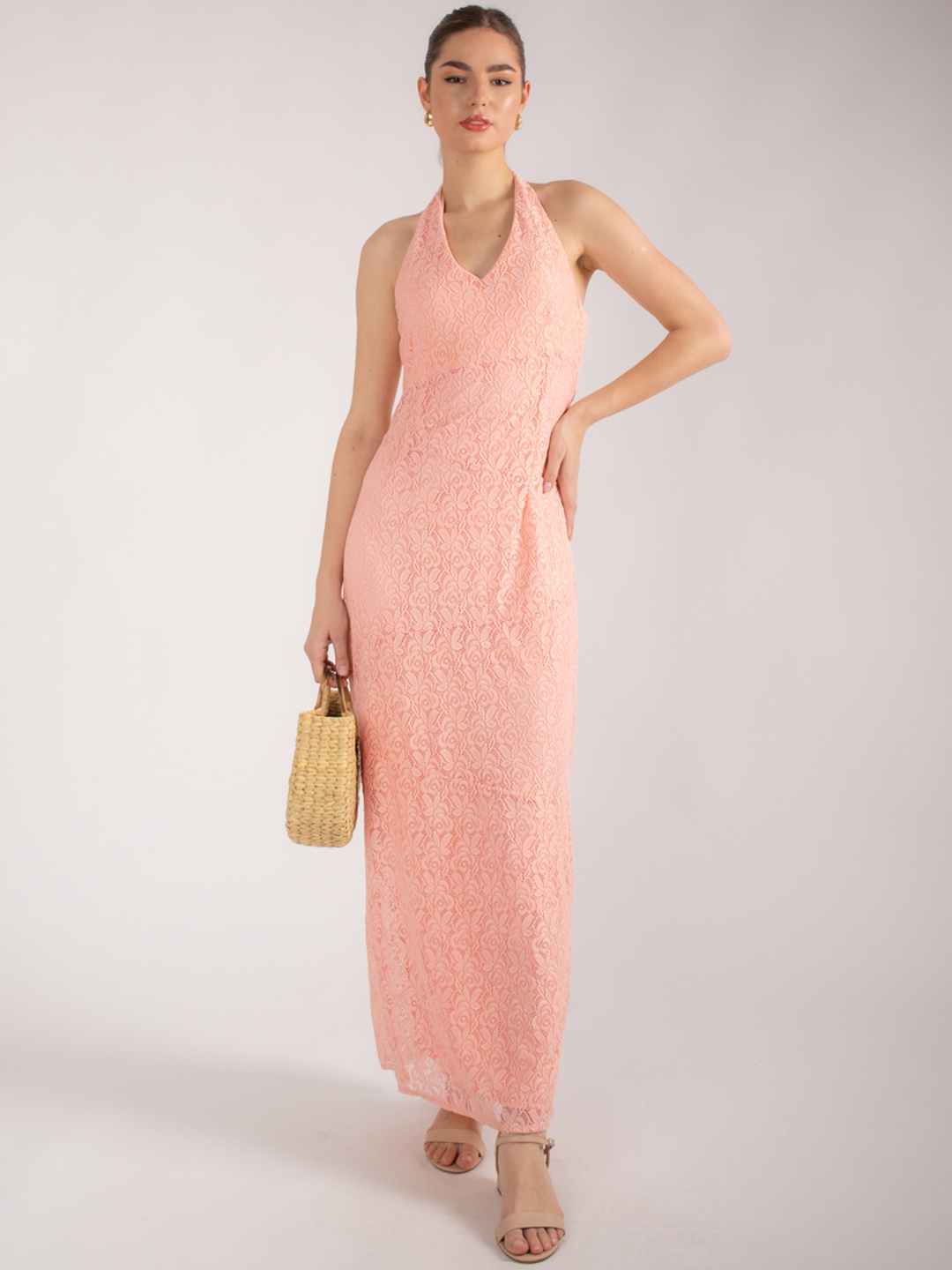 

Stylecast X Hersheinbox Halter Neck Lace Maxi Sheath Dress, Peach