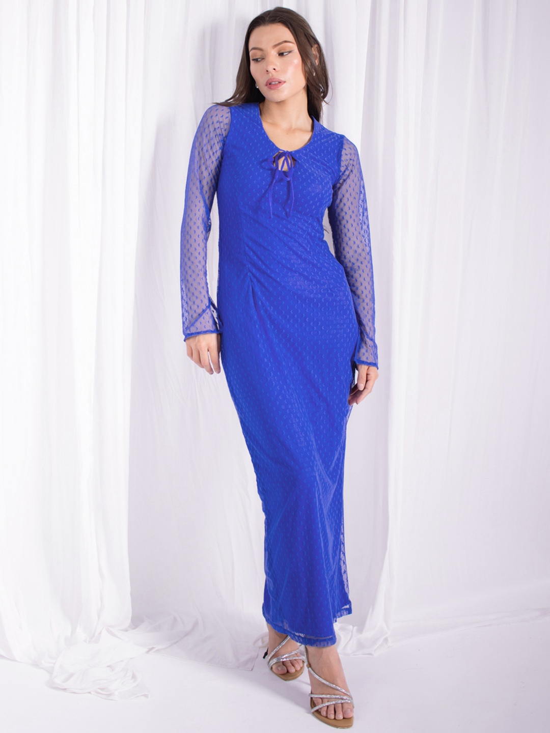

Stylecast X Hersheinbox Tie-Up Neck Net Maxi Sheath Dress, Blue