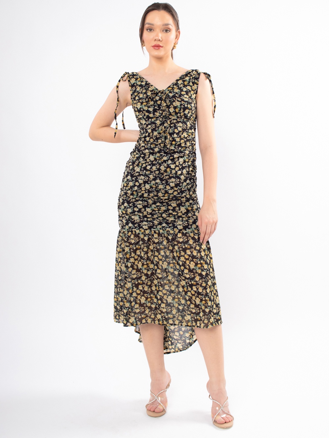 Stylecast X Hersheinbox Floral Print Georgette A-Line Midi Dress, Black