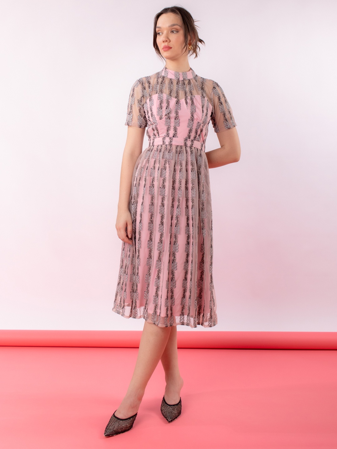 

Stylecast X Hersheinbox Self Design Net A-Line Midi Dress, Pink