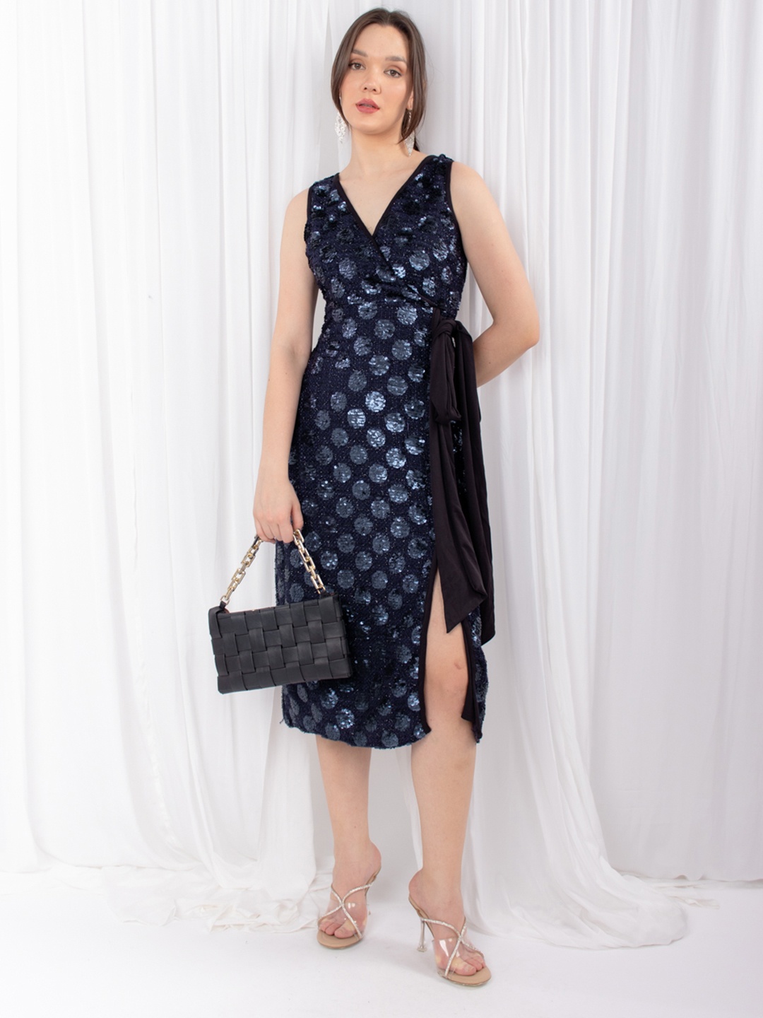 

Stylecast X Hersheinbox Sequined Wrap Midi Dress, Navy blue