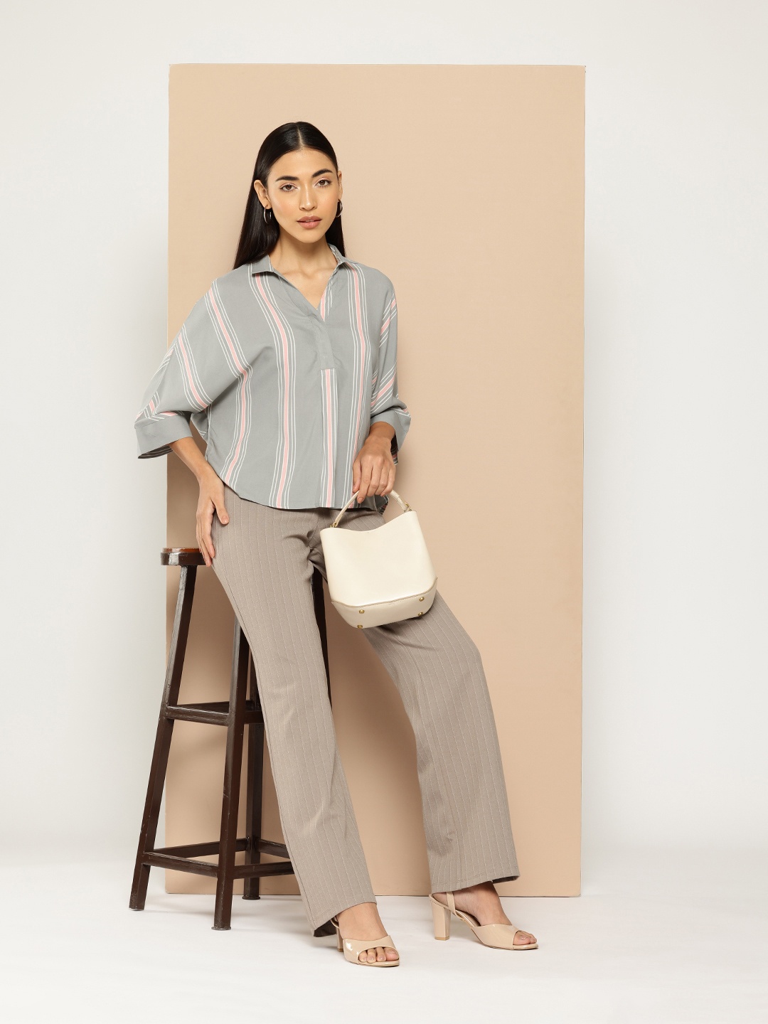 

her by invictus Striped Extended Sleeves Shirt Style Top, Grey