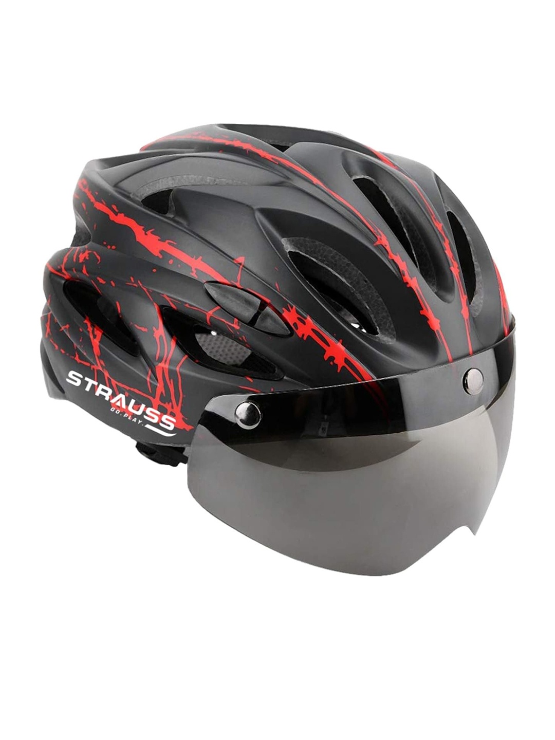 

STRAUSS Unisex Printed Open Face Cycling Helmet With Magnetic Goggles, Red