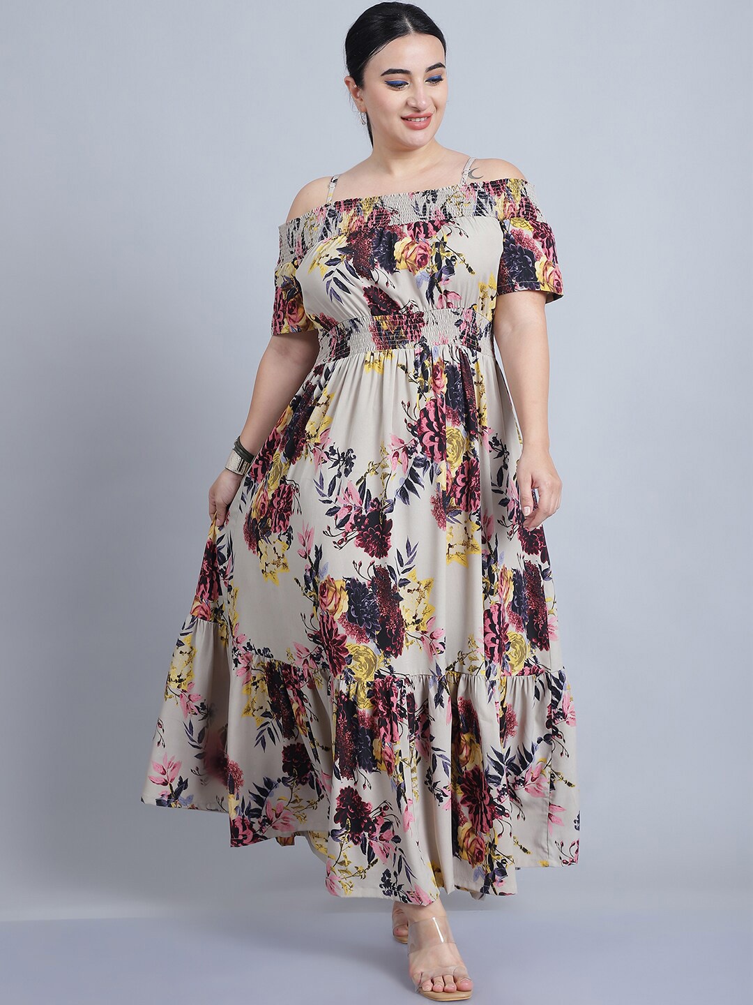 

Baawri Floral Printed Off-Shoulder Short Sleeves Maxi Dress, Beige