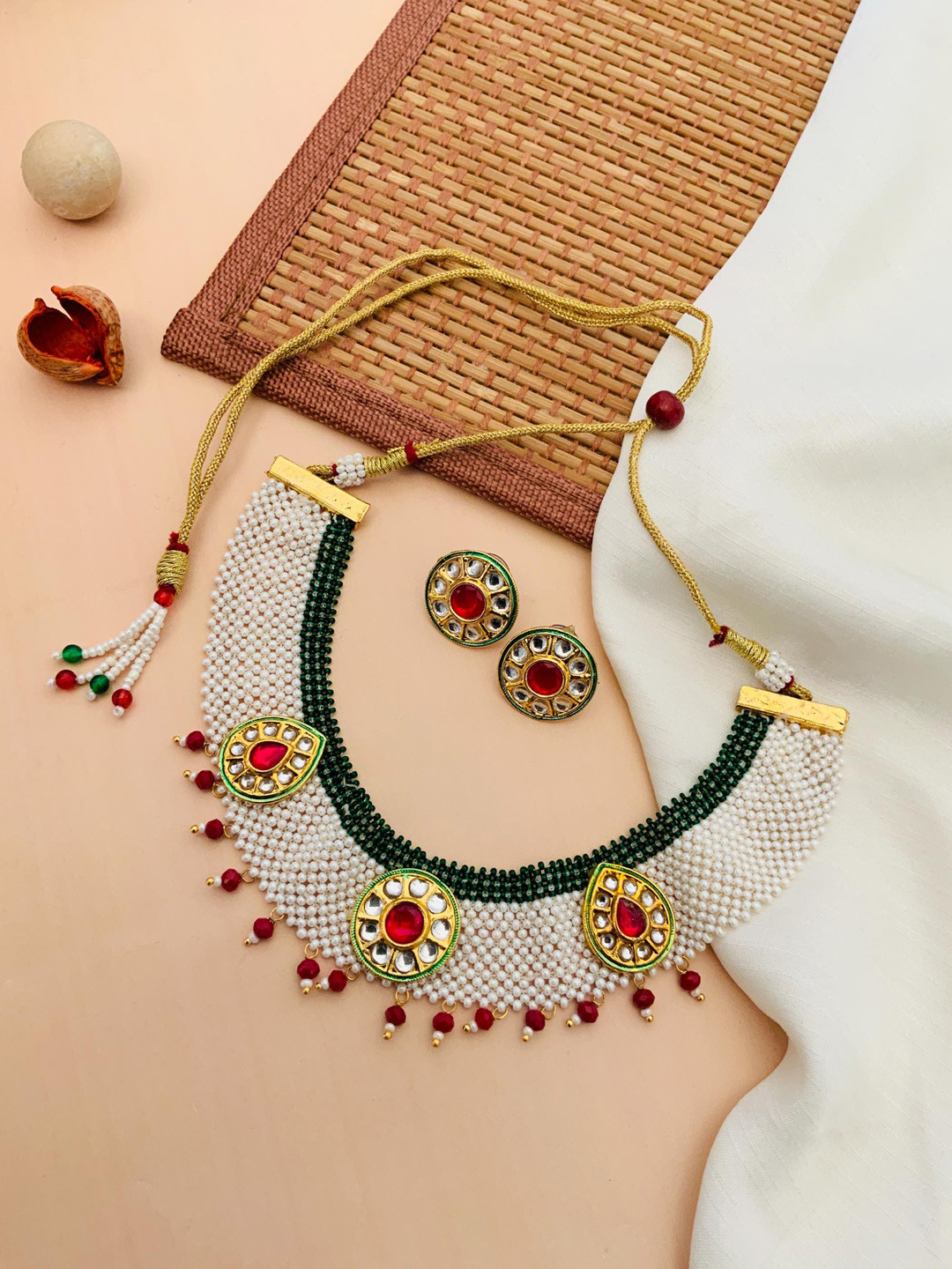 

ABDESIGNS Gold-Plated Kundan-Studded & Beaded Meenakari Jewellery Set