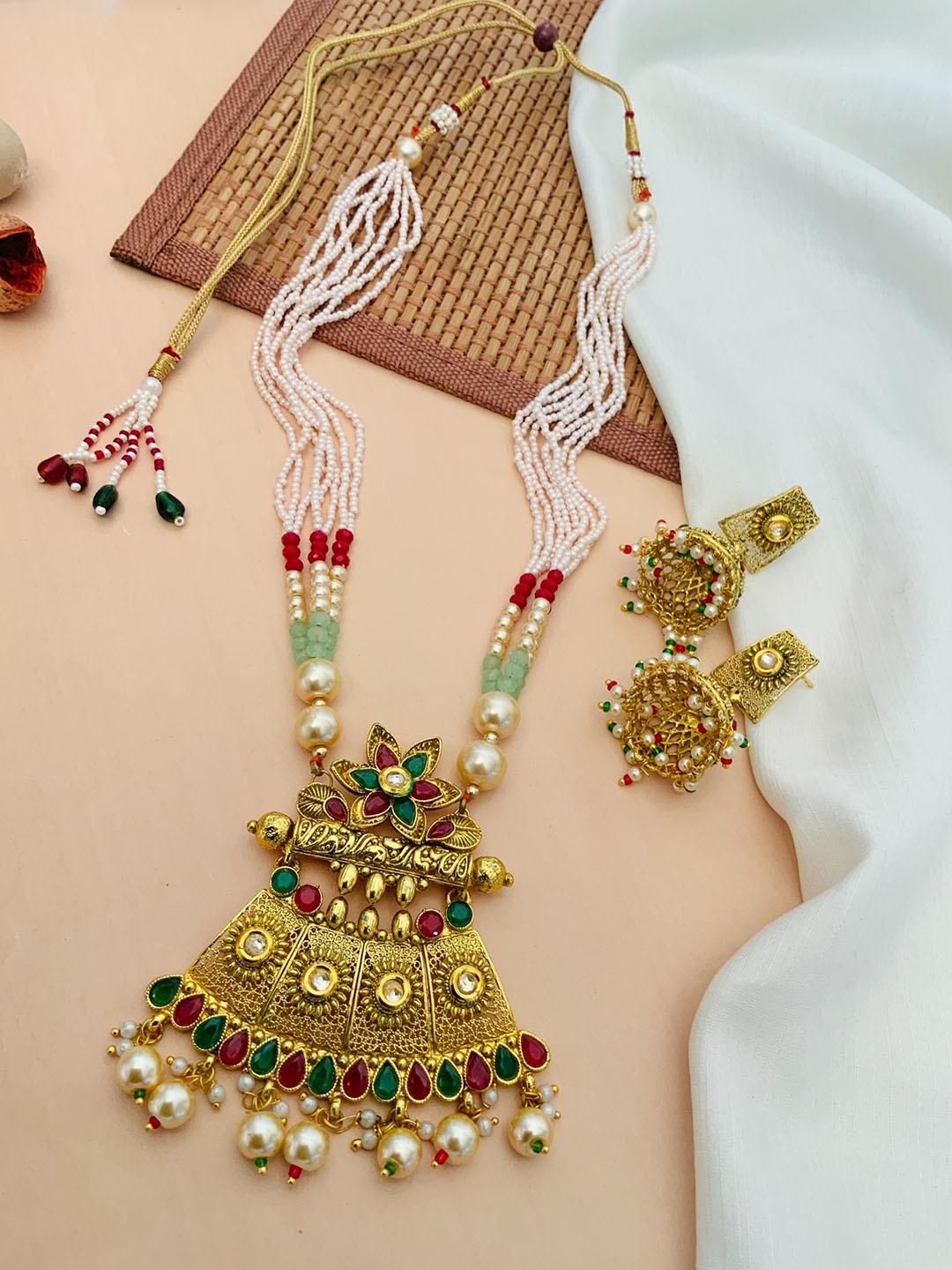

ABDESIGNS Gold-Plated Kundan Studded & Beaded Meenakari Jewellery Set