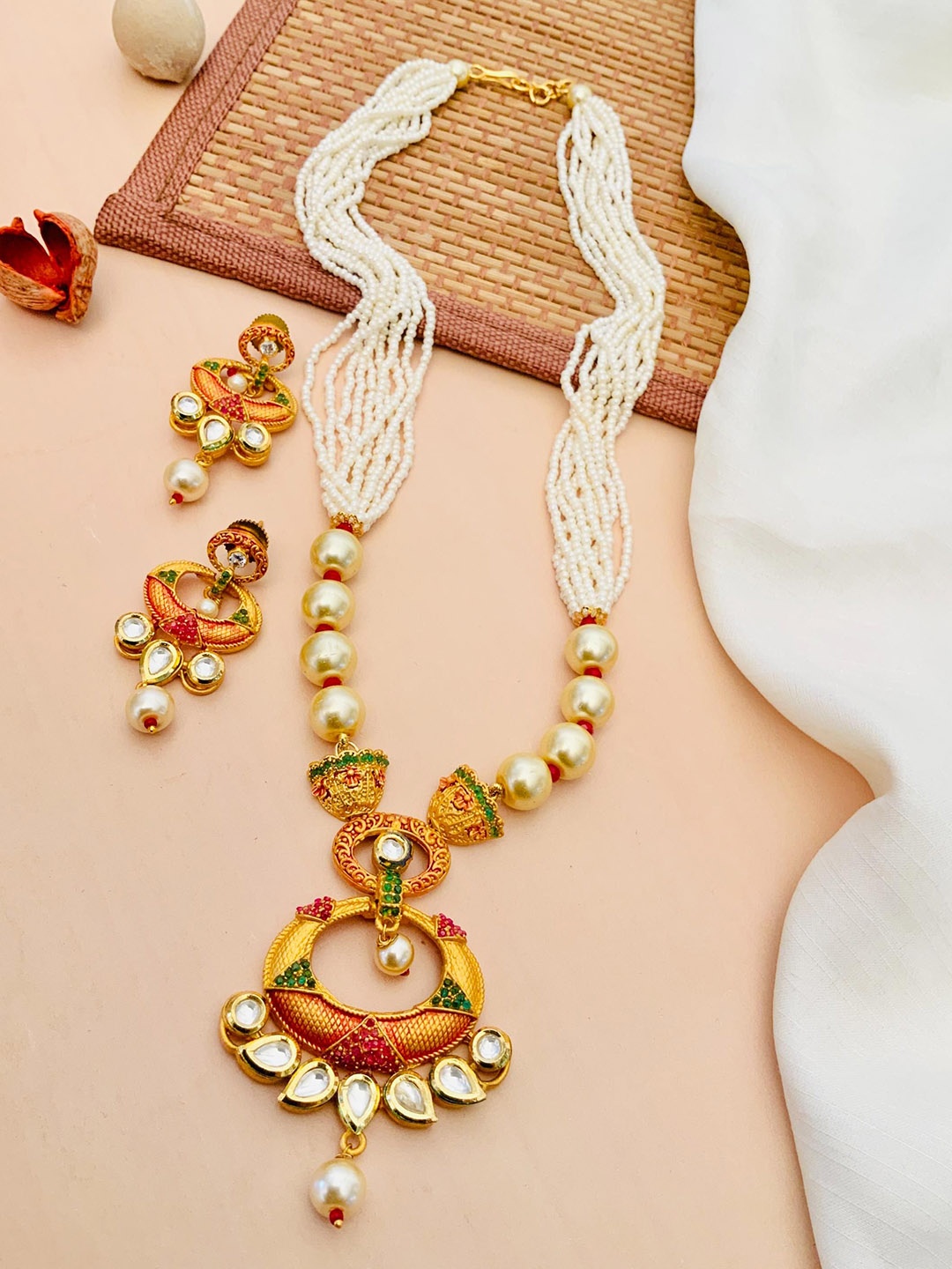

ABDESIGNS Gold-Plated Kundan Studded & Beaded Meenakari Jewellery Set