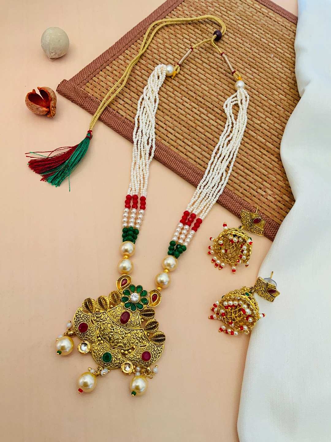 

ABDESIGNS Gold-Plated Kundan Studded & Beaded Meenakari Jewellery Set