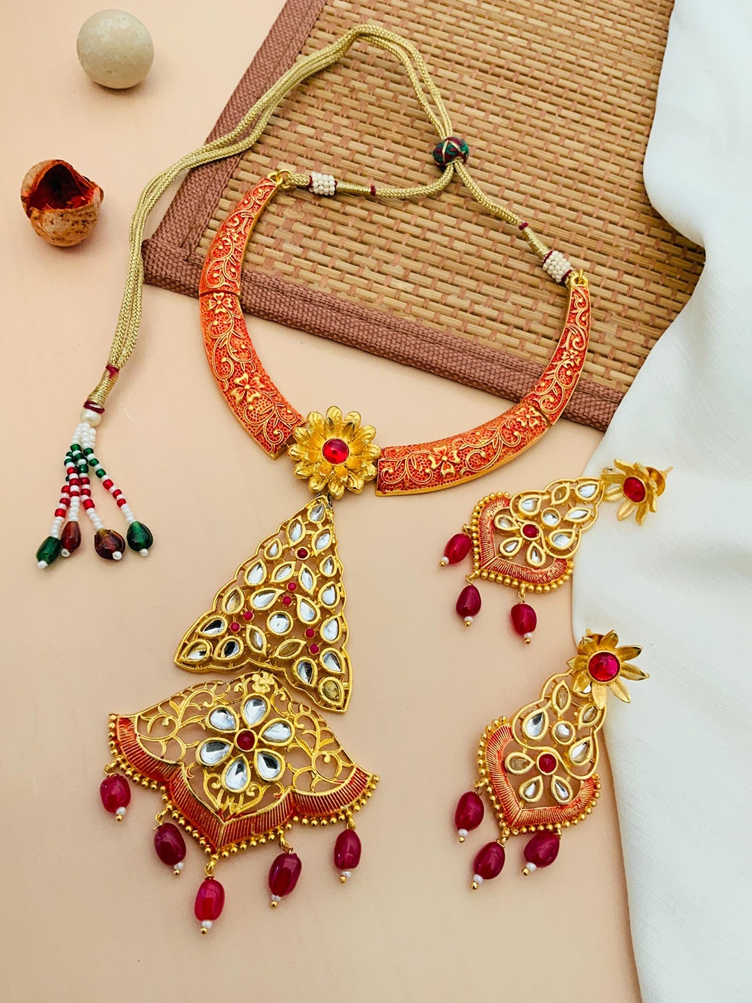 

ABDESIGNS Gold-Plated Kundan Studded & Beaded Meenakari Jewellery Set