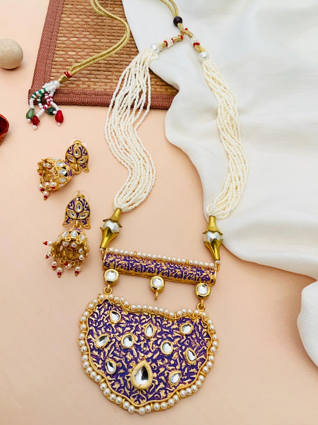 

ABDESIGNS Gold-Plated Kundan-Studded & Beaded Meenakari Jewellery Set