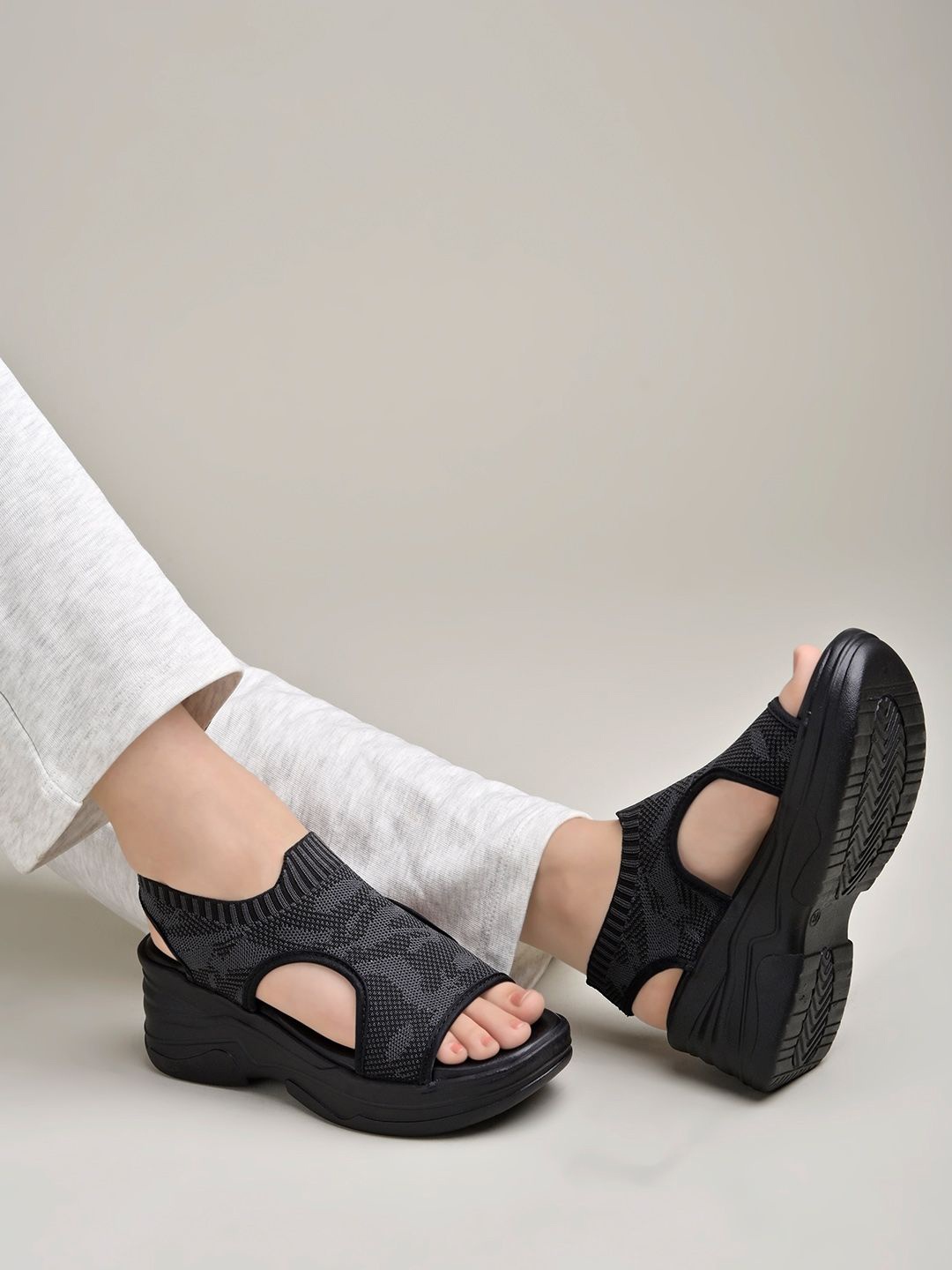 

Shoetopia Textured Flatform Sandals with Laser Cuts, Black