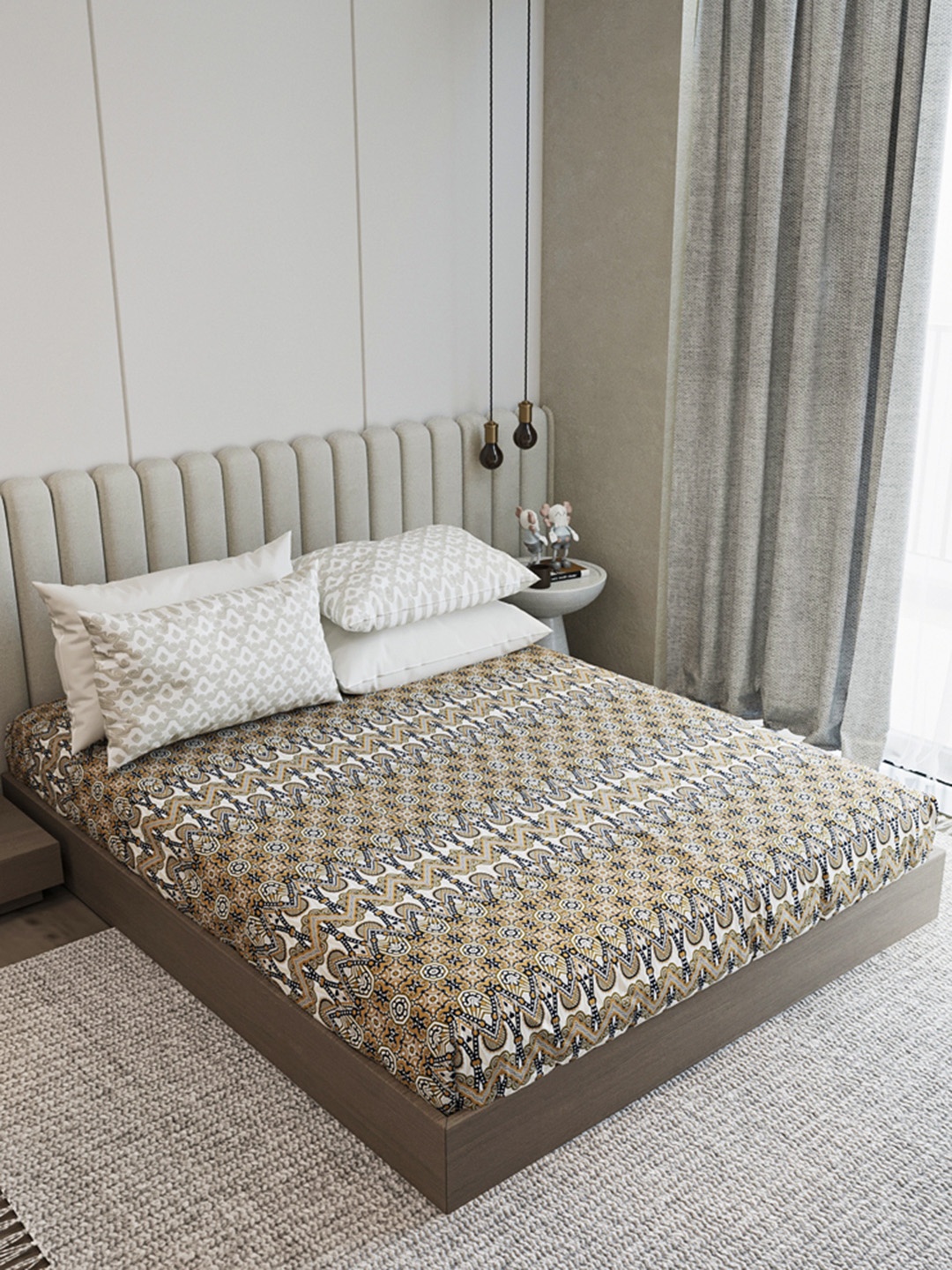 

LABHAM Camel Brown & White Ethnic Motifs 210 TC King Bedsheet with 2 Pillow Covers