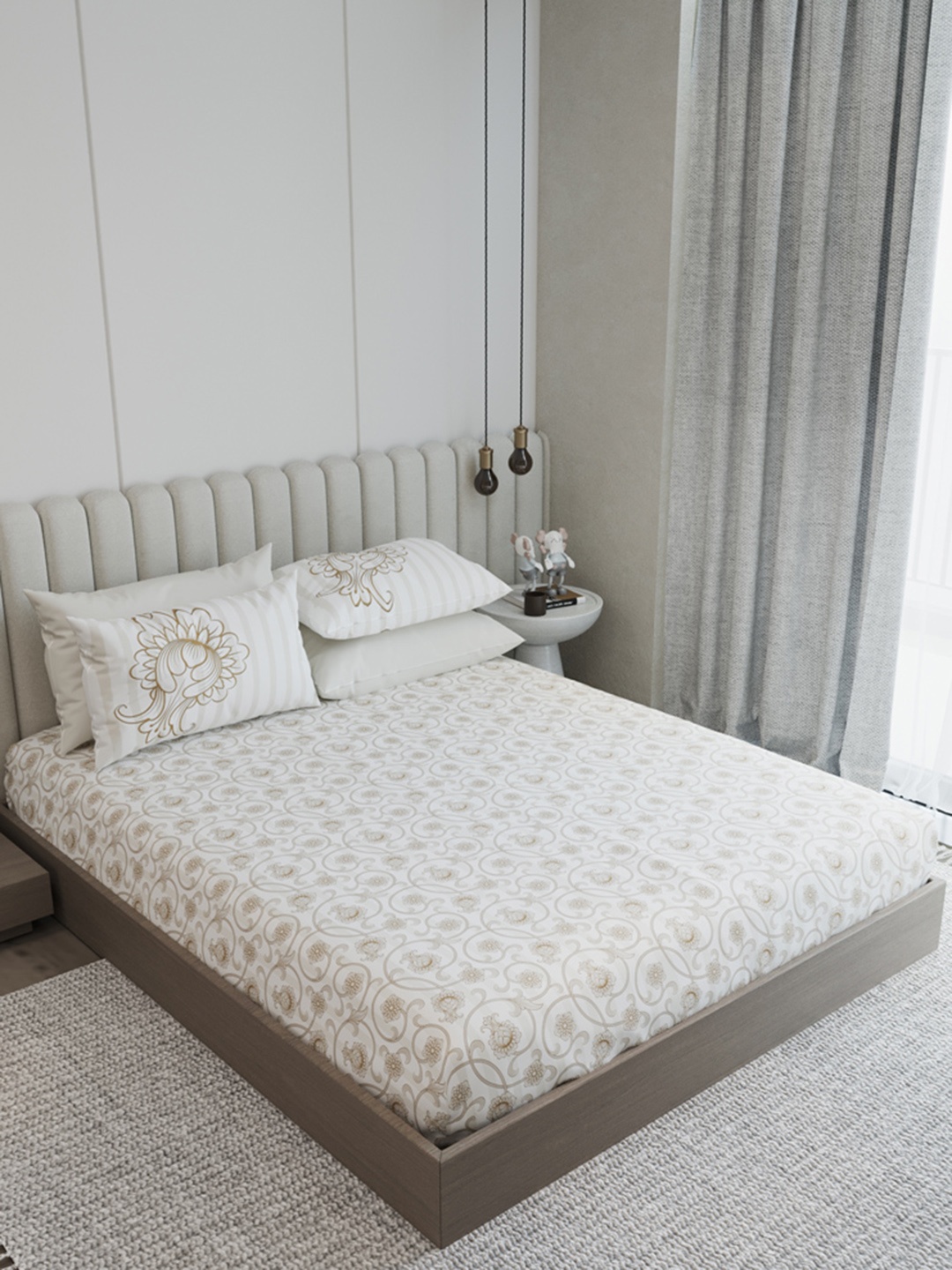 

LABHAM Beige & Black Floral 210 TC King Bedsheet with 2 Pillow Covers