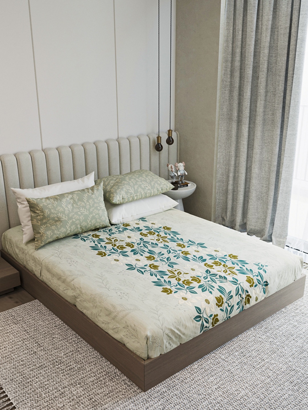

LABHAM Beige & Blue Floral 210 TC King Bedsheet with 2 Pillow Covers