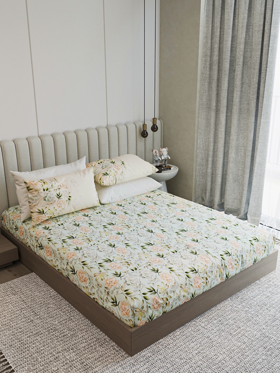 

LABHAM Green & Pink Floral 210 TC King Bedsheet with 2 Pillow Covers