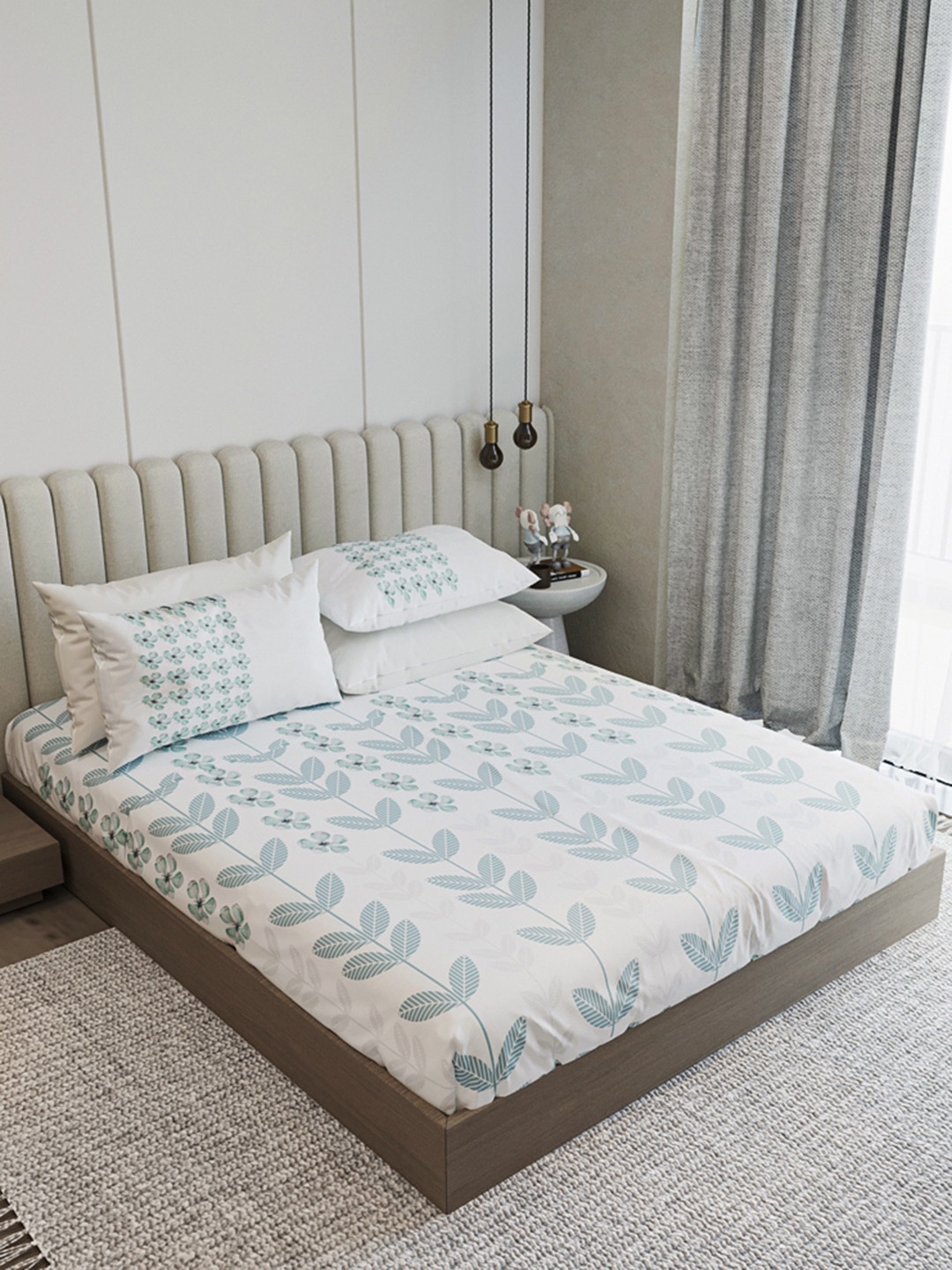 

LABHAM White & Green Floral 210 TC King Bedsheet with 2 Pillow Covers
