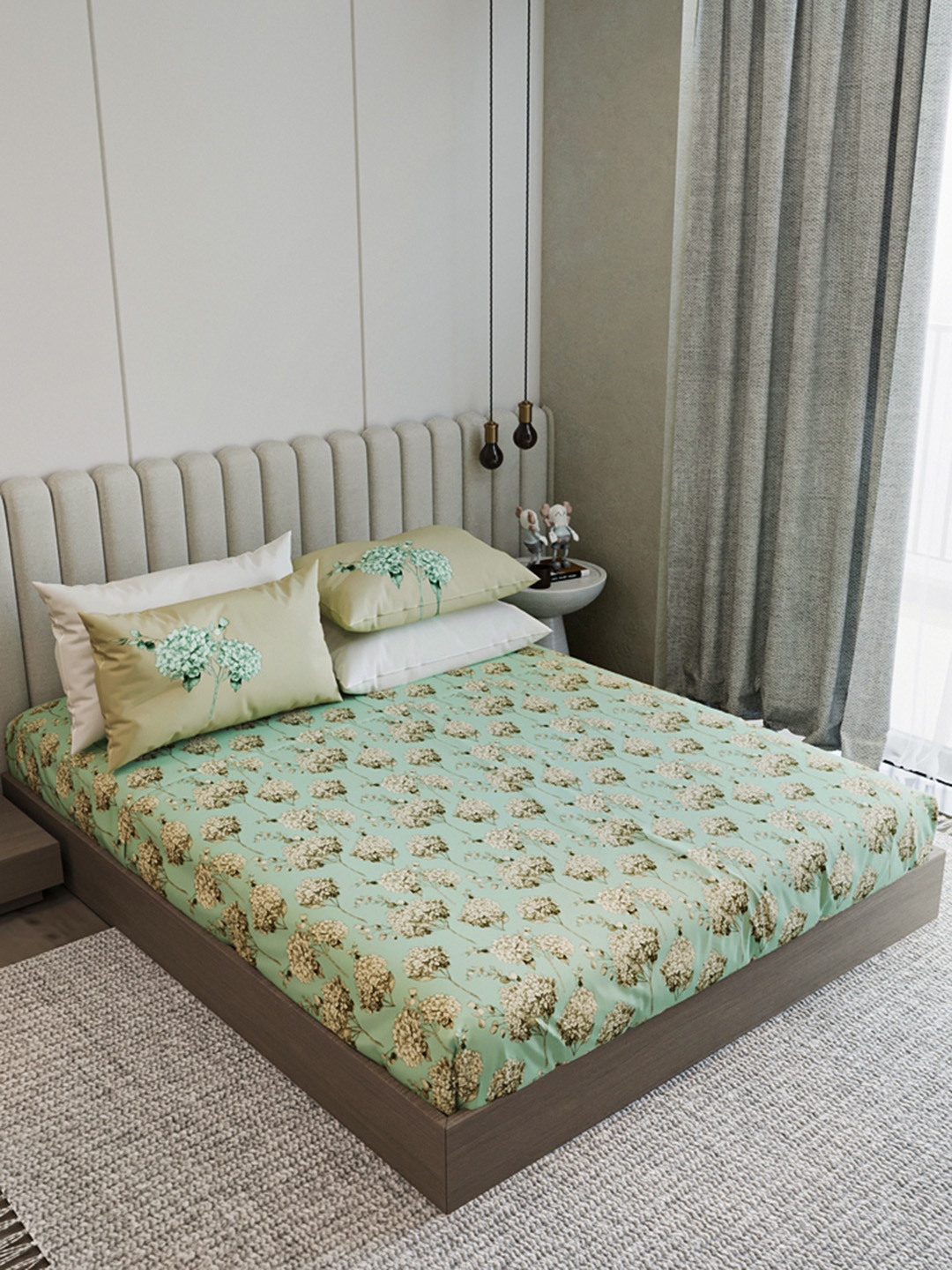 

LABHAM Olive Green & White Ethnic Motifs 210 TC King Bedsheet with 2 Pillow Covers