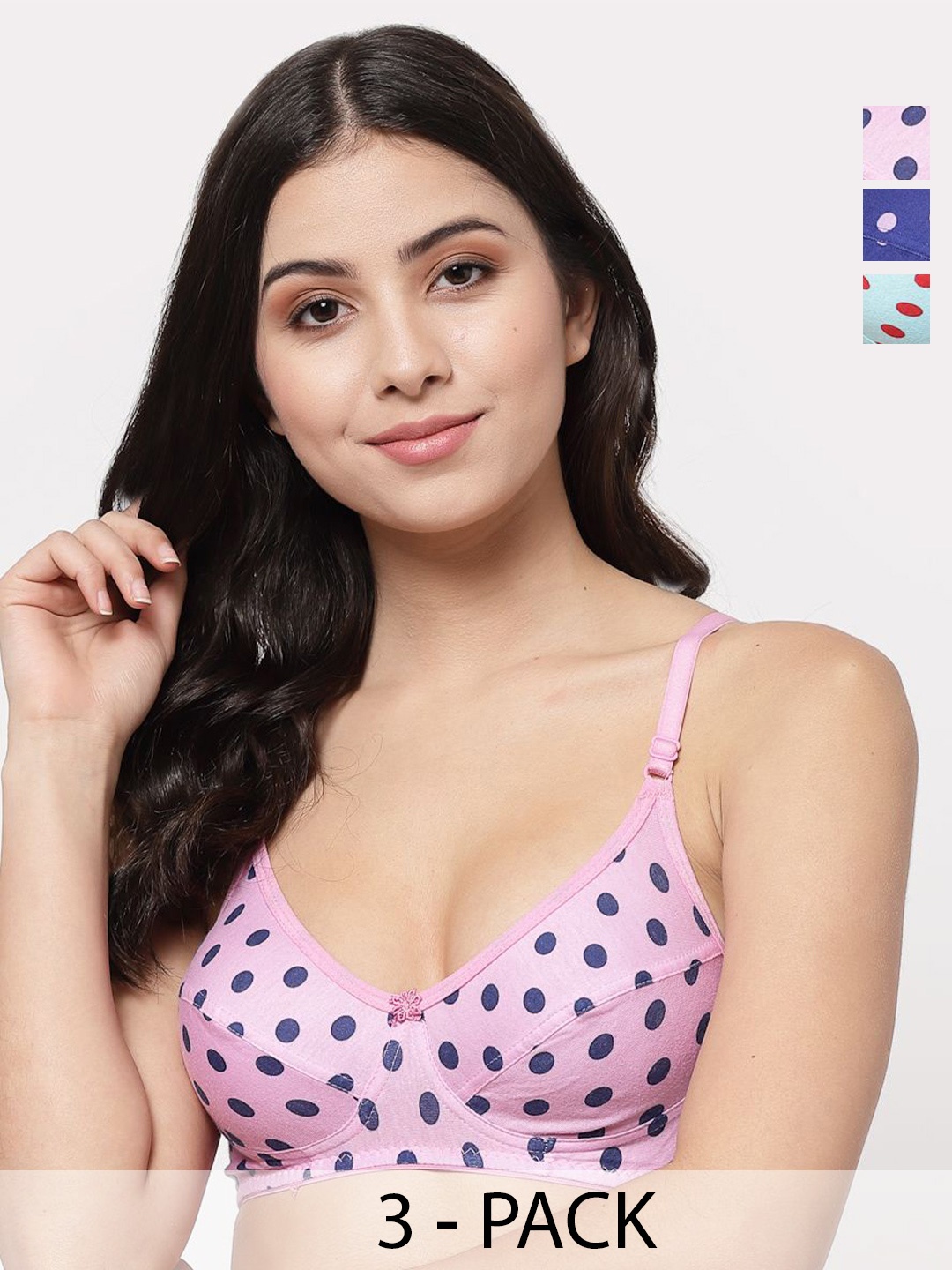 

Docare Pack of 3 Polka Dot Printed Full Coverage Everyday Bra-All Day Comfort, Turquoise blue