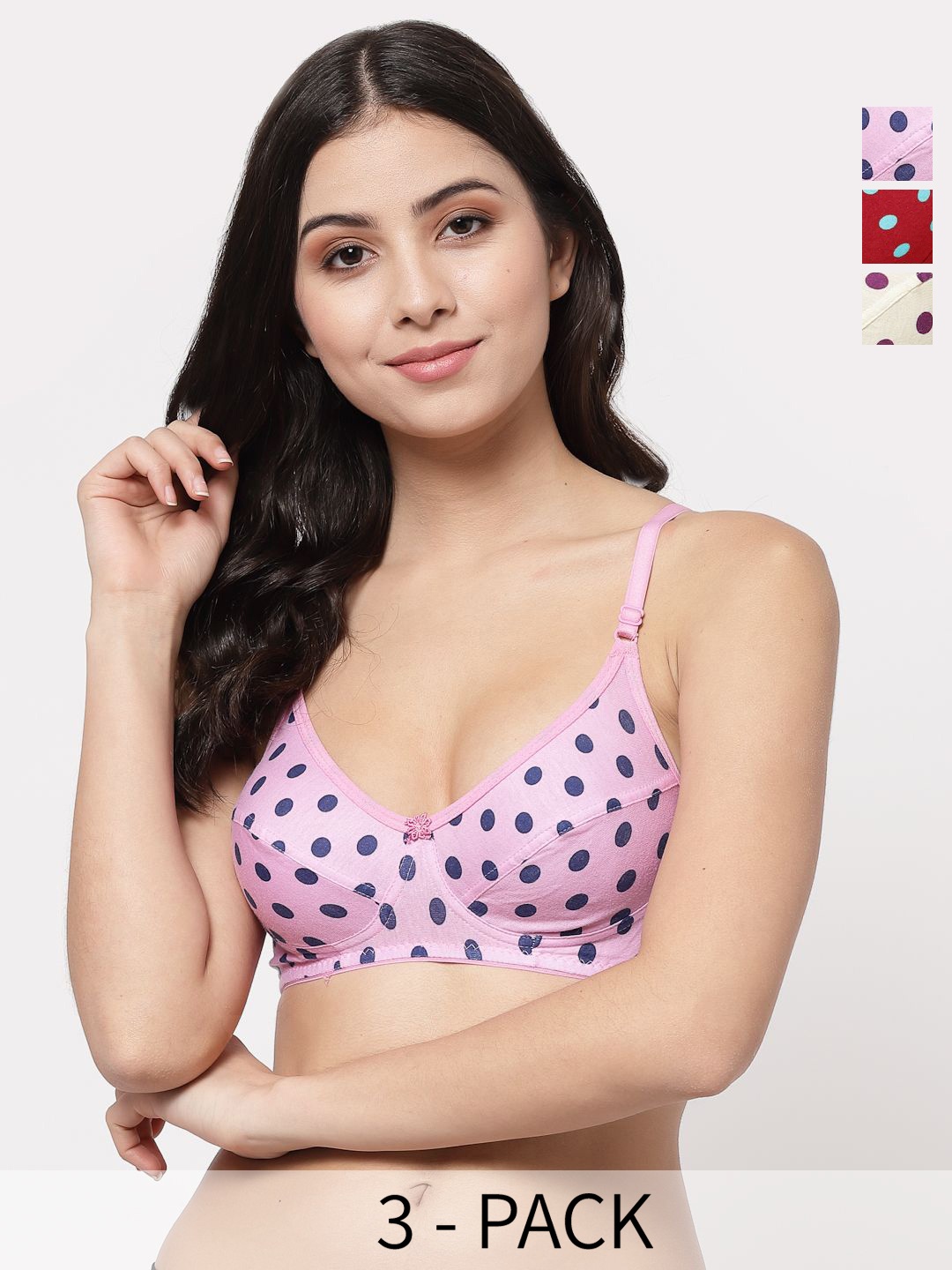 

Docare Pack of 3 Polka Dot Printed Full Coverage Everyday Bra-All Day Comfort, Red