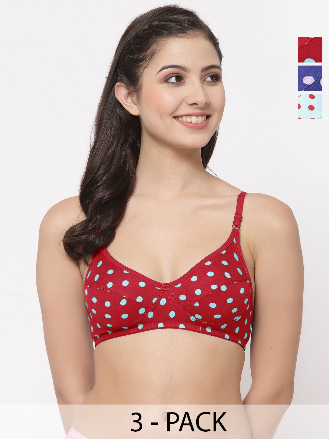 

Docare Pack Of 3 Polka Dots Full Coverage Non Padded Everyday Bra-All Day Comfort, Red