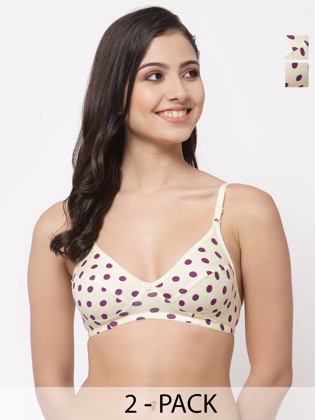 

Docare Pack Of 2 Polka Dot Printed Full Coverage Non Padded Everyday Bra - All Day Comfort, Yellow