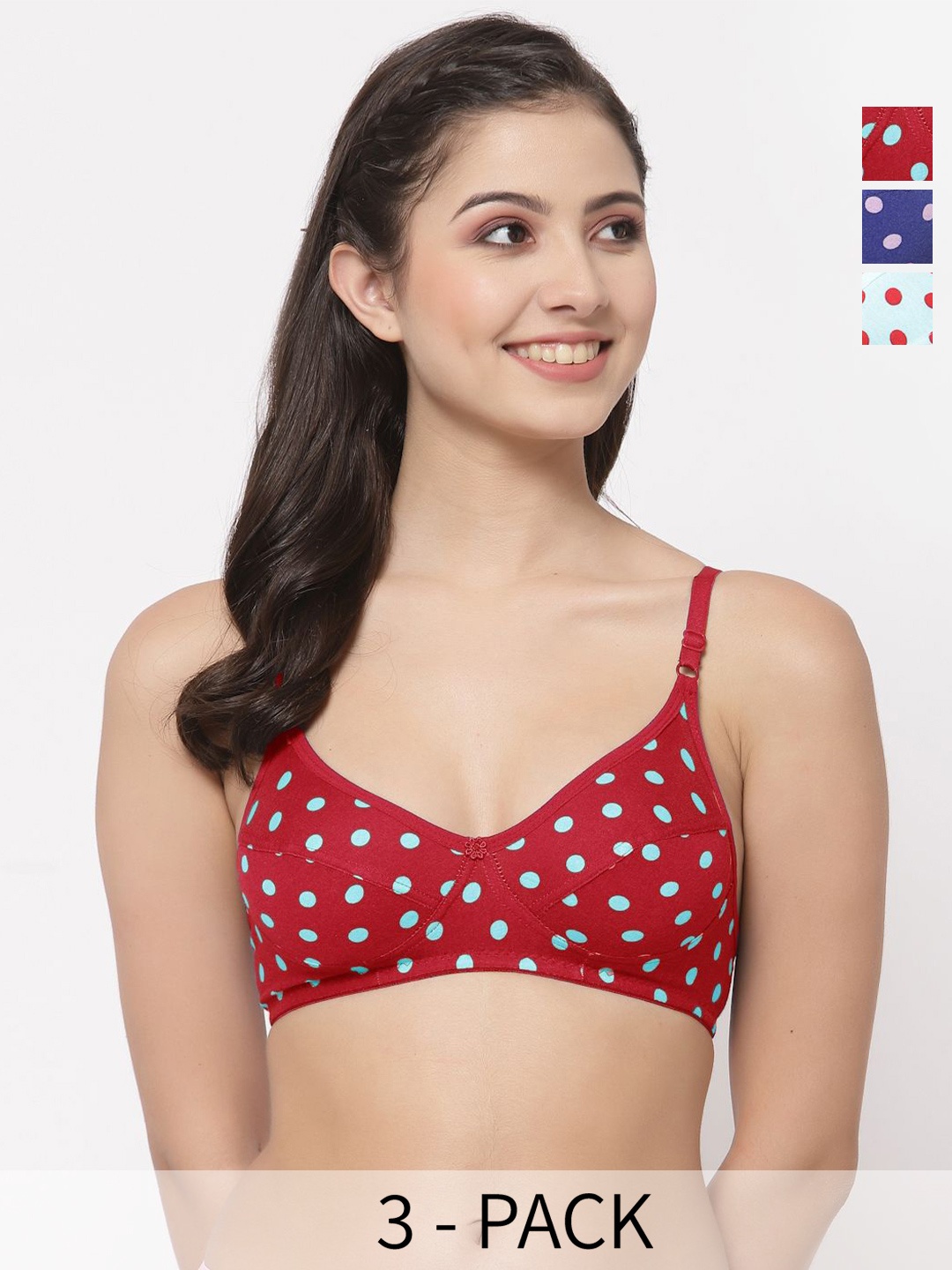 

Docare Pack of 3 Polka Dot Printed Full Coverage Everyday Bra-All Day Comfort, Blue