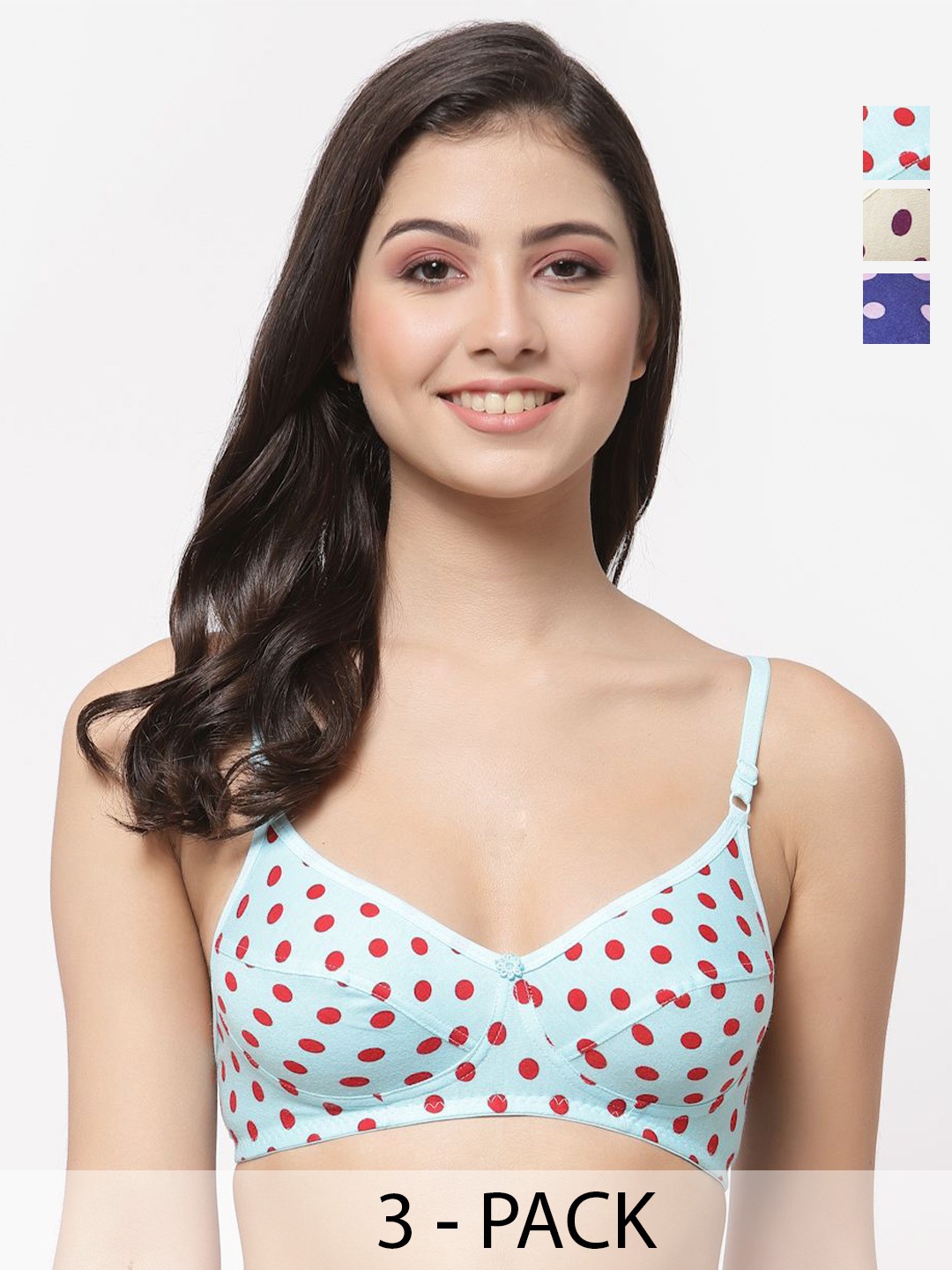 

Docare Pack of 3 Printed Full Coverage Non Padded Everyday Bras With All Day Comfort, Turquoise blue