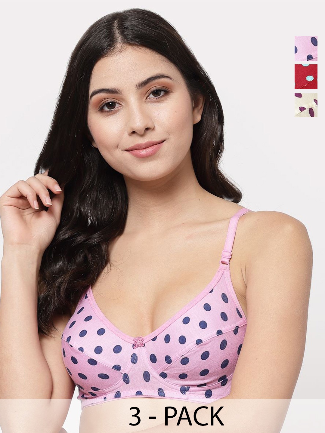 

Docare Pack of 3 Polka Dot Printed Full Coverage Everyday Bras with All Day Comfort, Pink