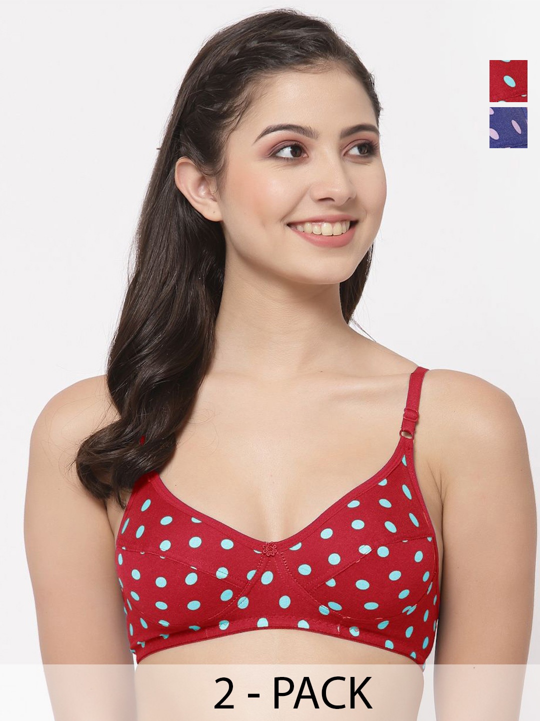 

Docare Pack of 2 Polka Dot Printed Full Coverage Everyday Bras with All Day Comfort, Red