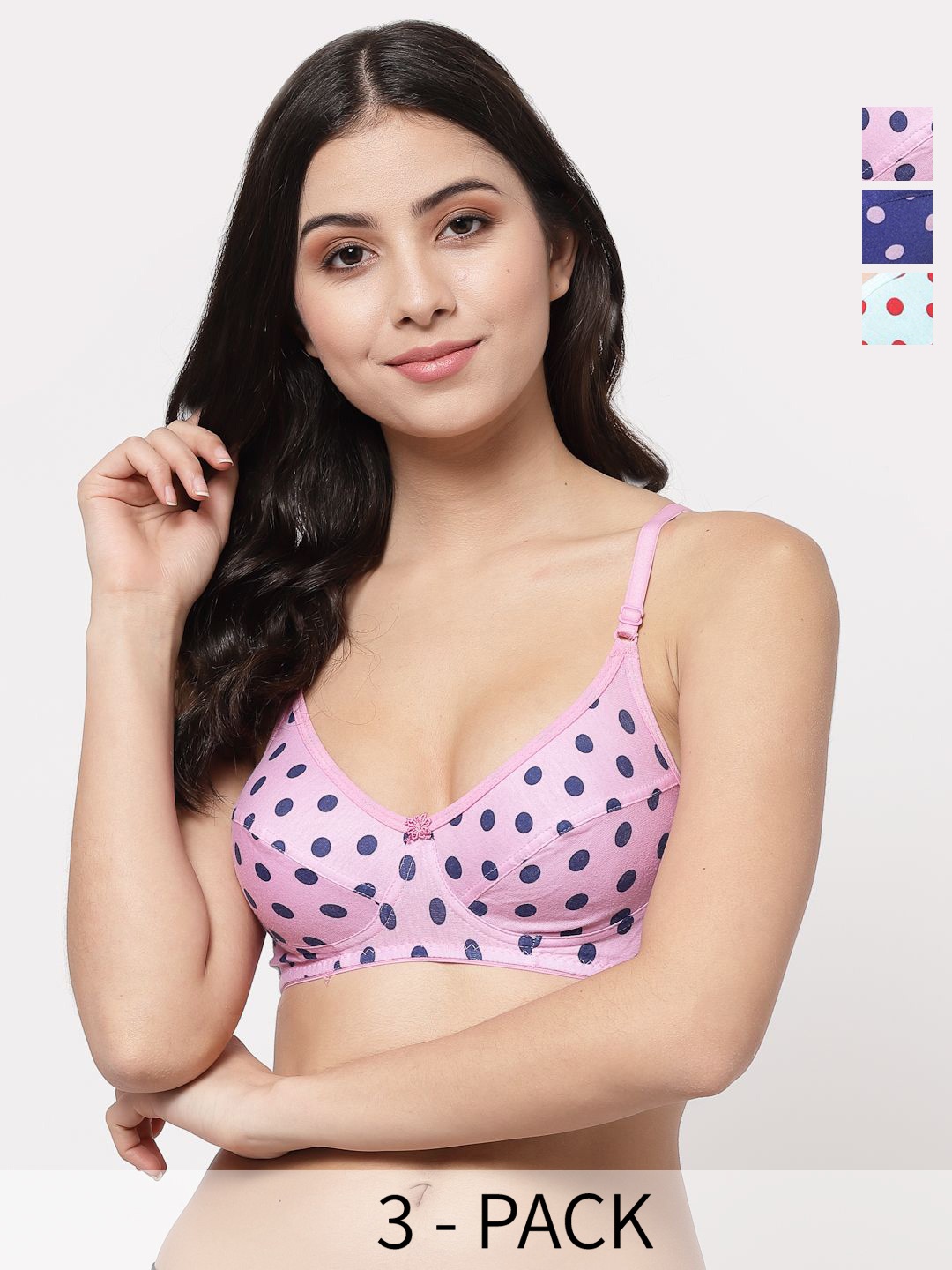 

Docare Pack Of 3 Polka Dot Printed Full Coverage Non Padded Everyday Bra - All Day Comfort, Turquoise blue