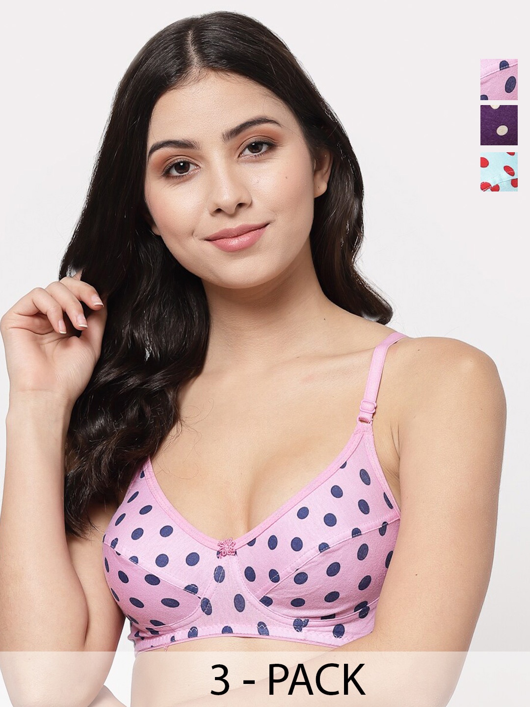 

Docare Pack Of 3 Polka Dot Printed Full Coverage Non Padded Everyday Bra - All Day Comfort, Pink
