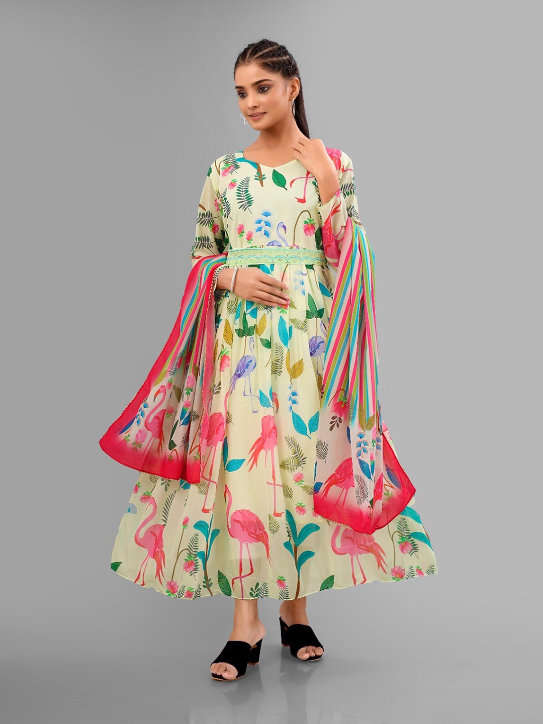 

Crally Floral Printed Flared Ethnic dress & dupatta, Cream