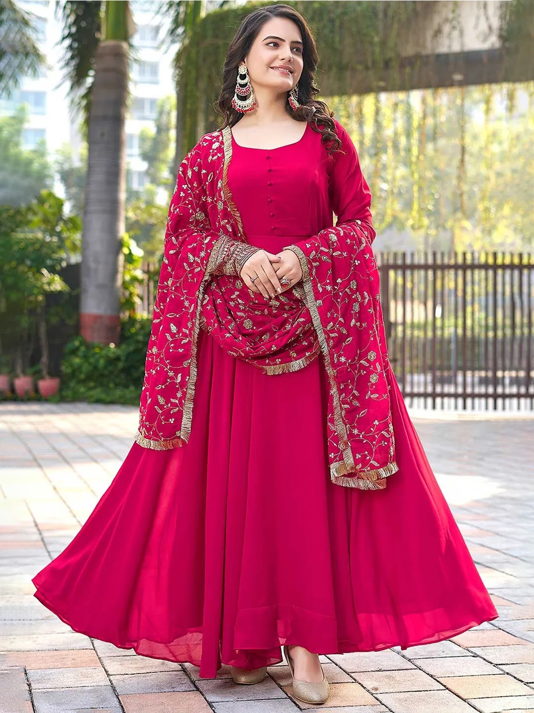 

Crally Round Neck Long Sleeves Embroidered Georgette Maxi Ethnic Dress With Dupatta, Pink