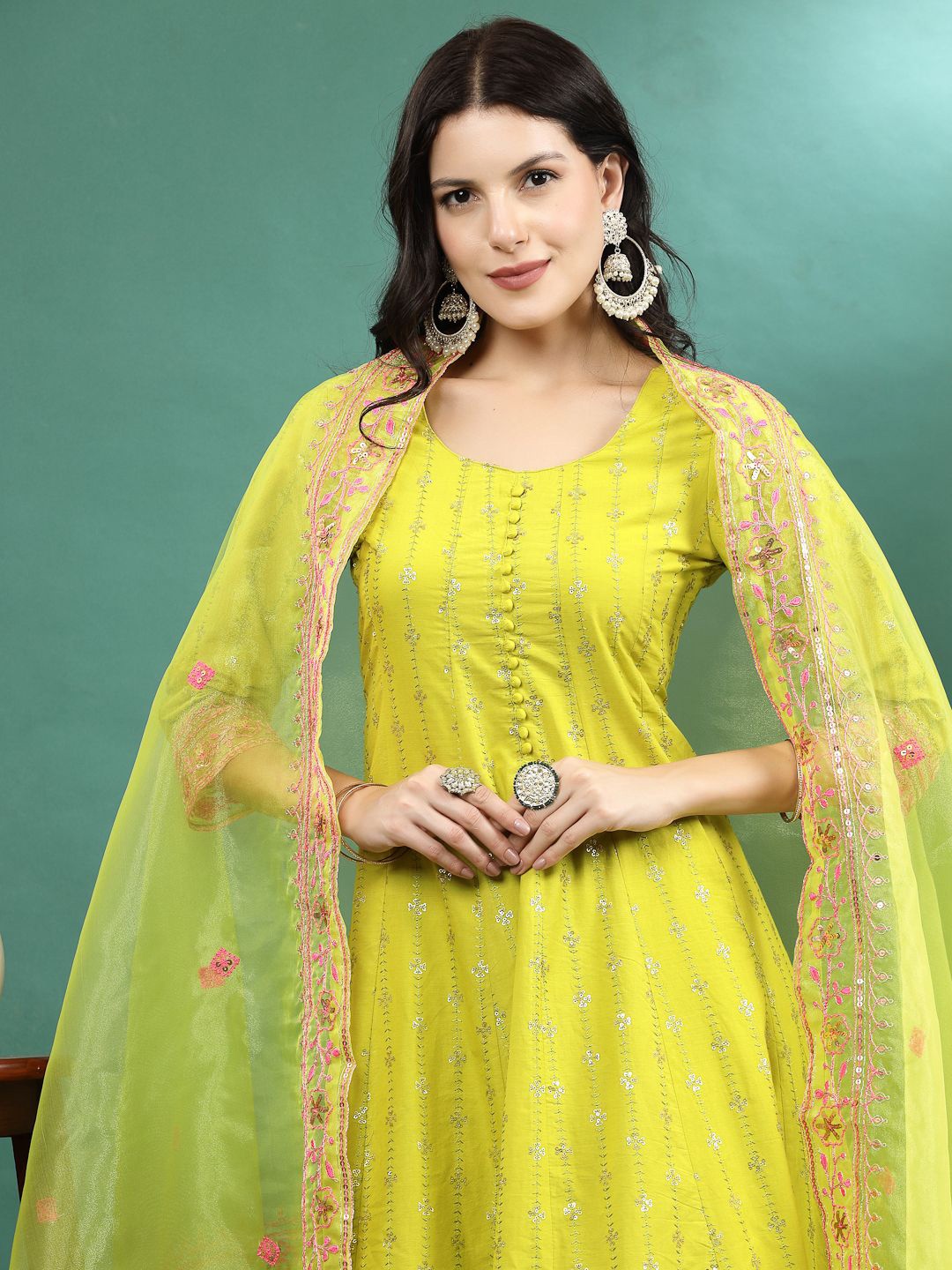 

Sangria Embroidered Pure Cotton A-Line Kurta & Trouser With Dupatta Set, Green