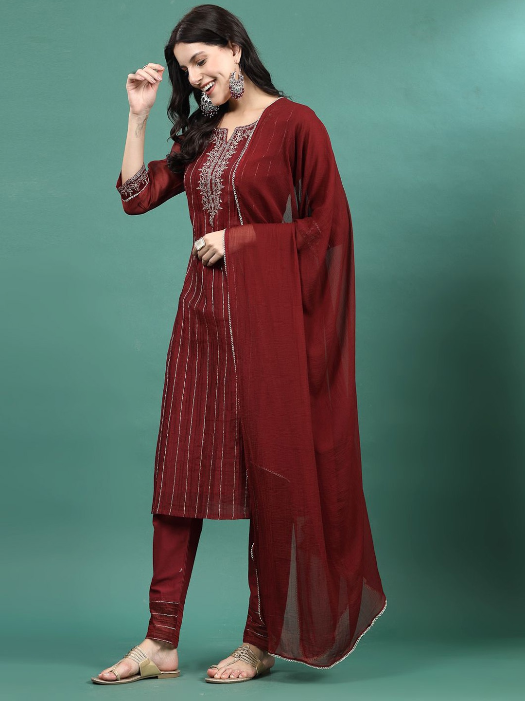 

Sangria Maroon Embroidered Regular Thread Work Straight Kurta With Trouser & Dupatta