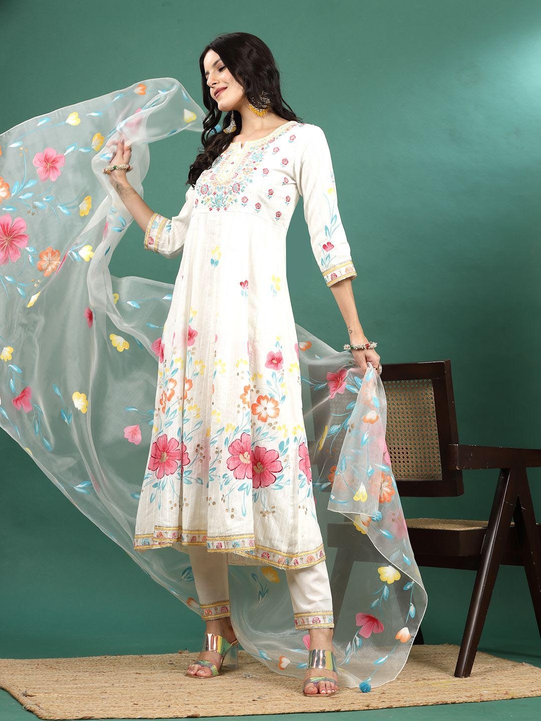 

Sangria Embroidered Round Neck Pure Cotton Straight Kurta With Trouser & Dupatta Set, White