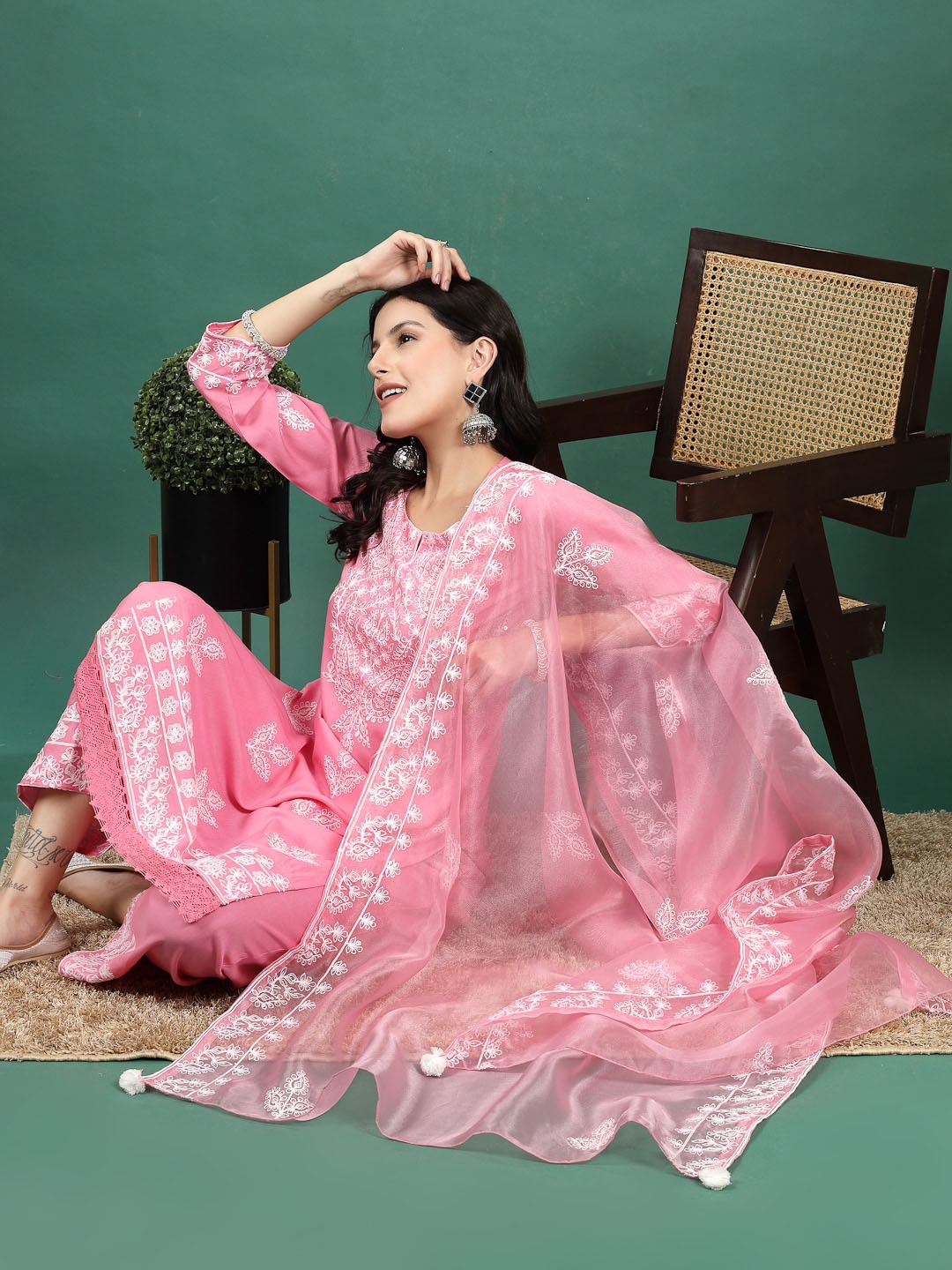 

Sangria Embroidered Round Neck Embroidered Straight Kurta With Trouser & Dupatta Set, Pink