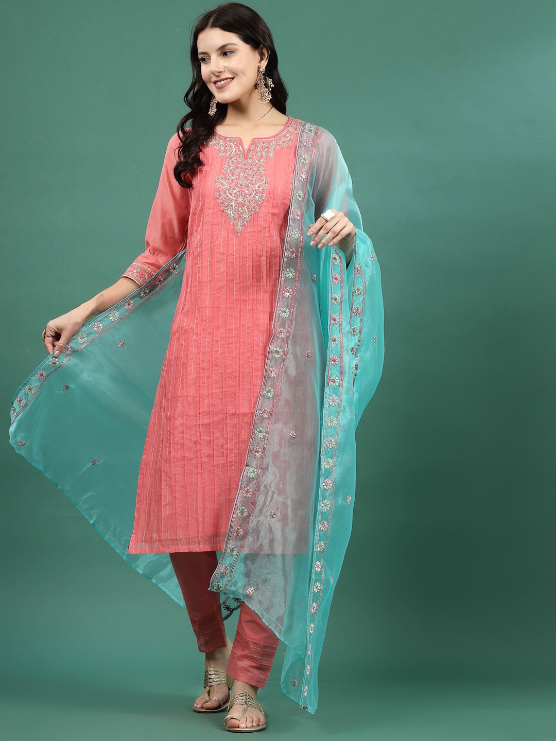 

Sangria Peach Embroidered Straight Kurta With Trouser & Dupatta