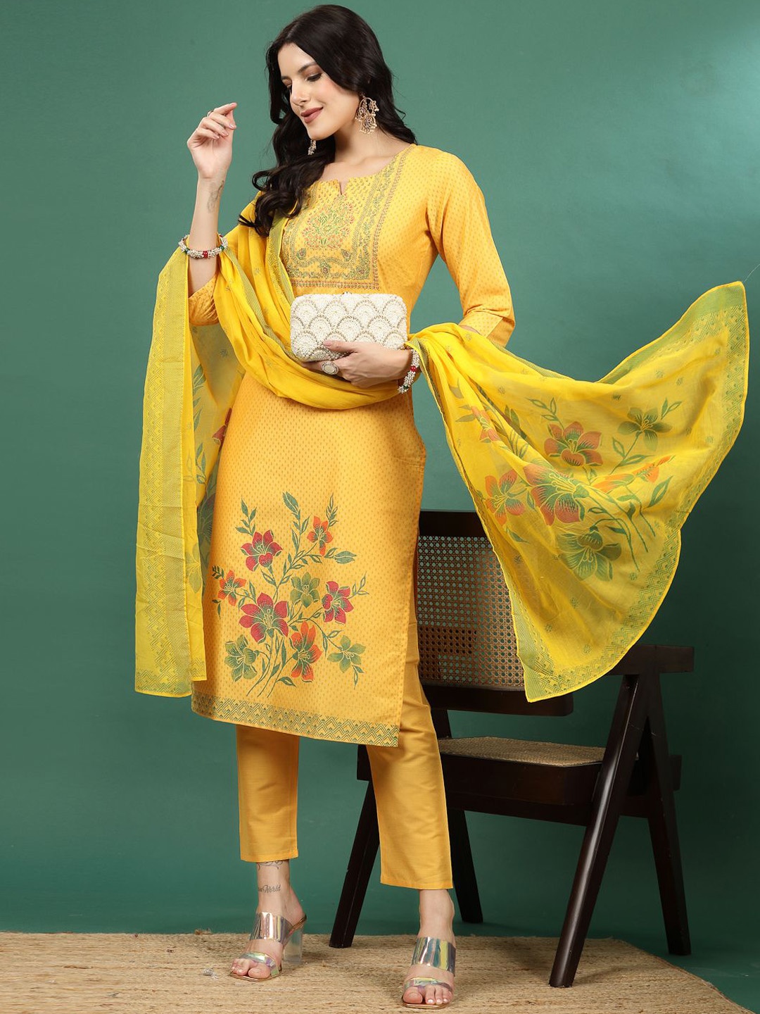 

Sangria Yellow Floral Printed Straight Kurta With Trousers & Dupatta