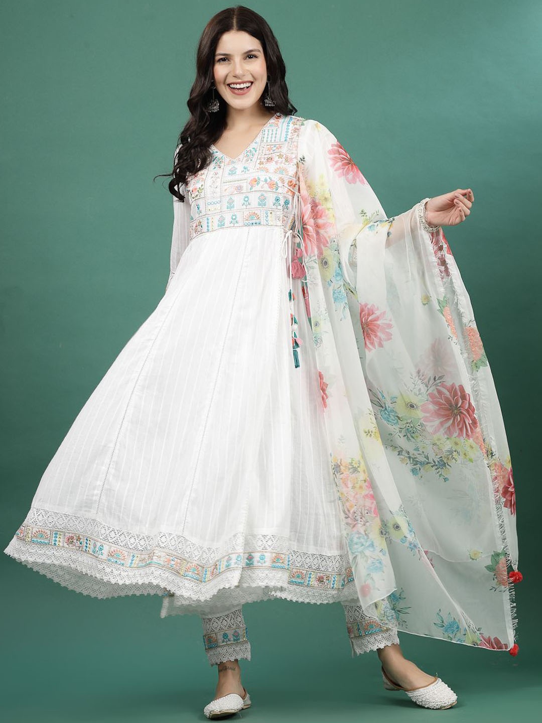 

Sangria Embroidered Pure Cotton Straight Kurta With Trouser & Dupatta Set, White