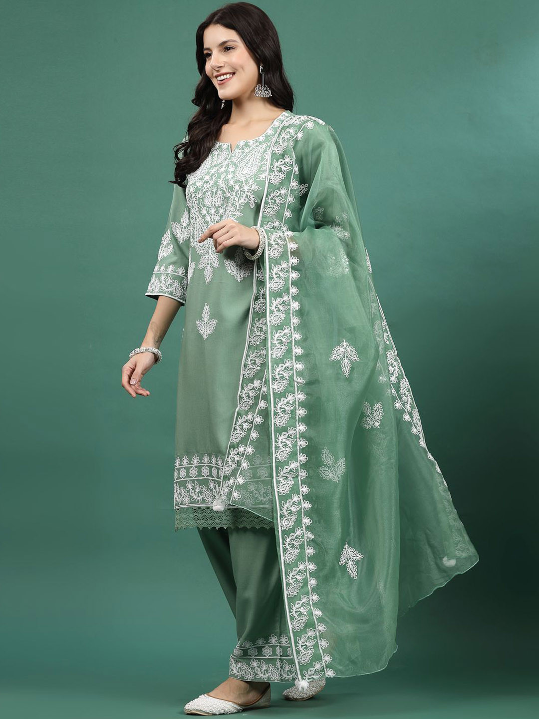 

Sangria Green Floral Embroidered Straight Kurta With Trouser & Dupatta