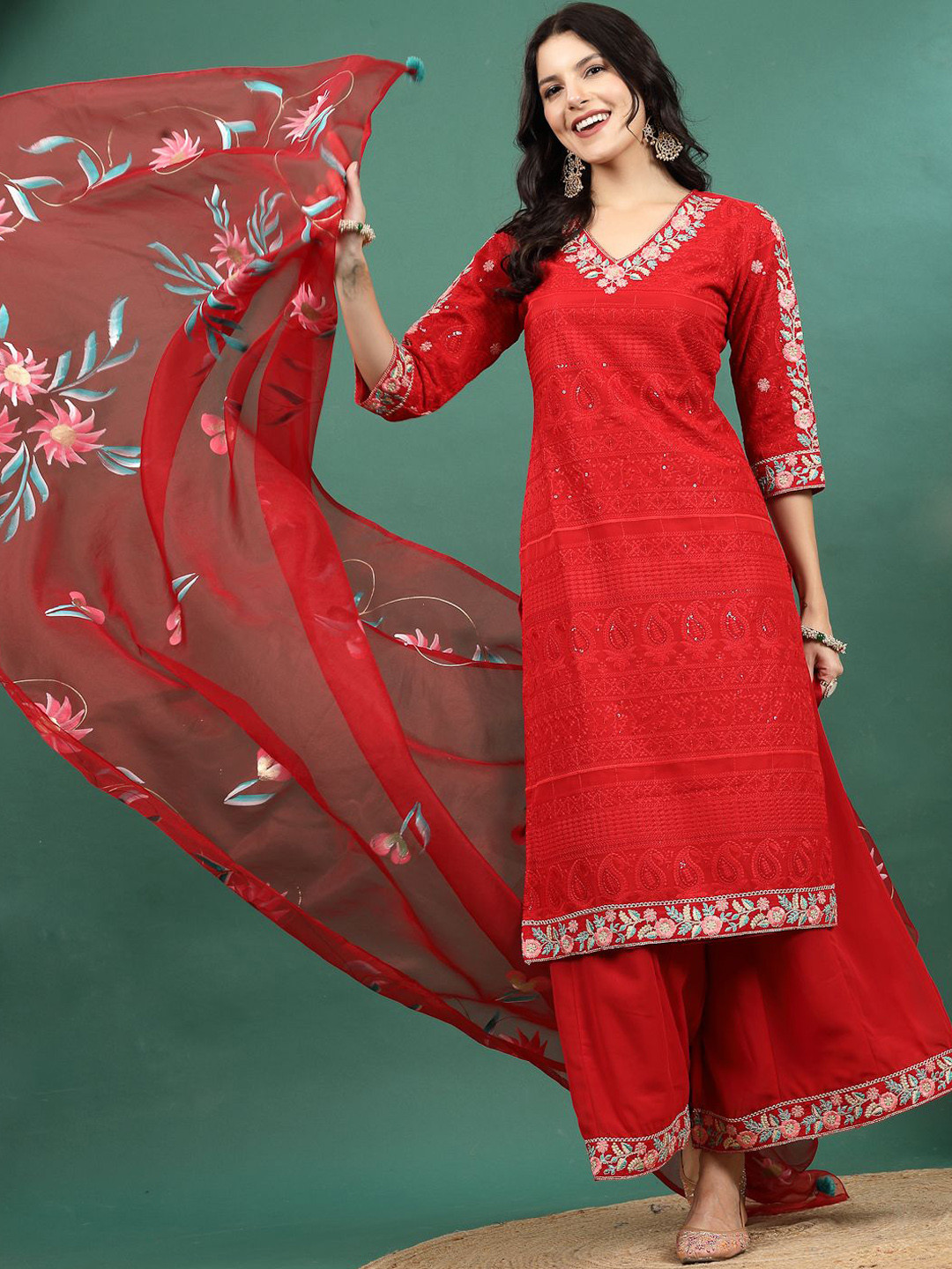 

Sangria Embroidered V Neck Printed Straight Kurta With Palazzo & Dupatta Set, Red